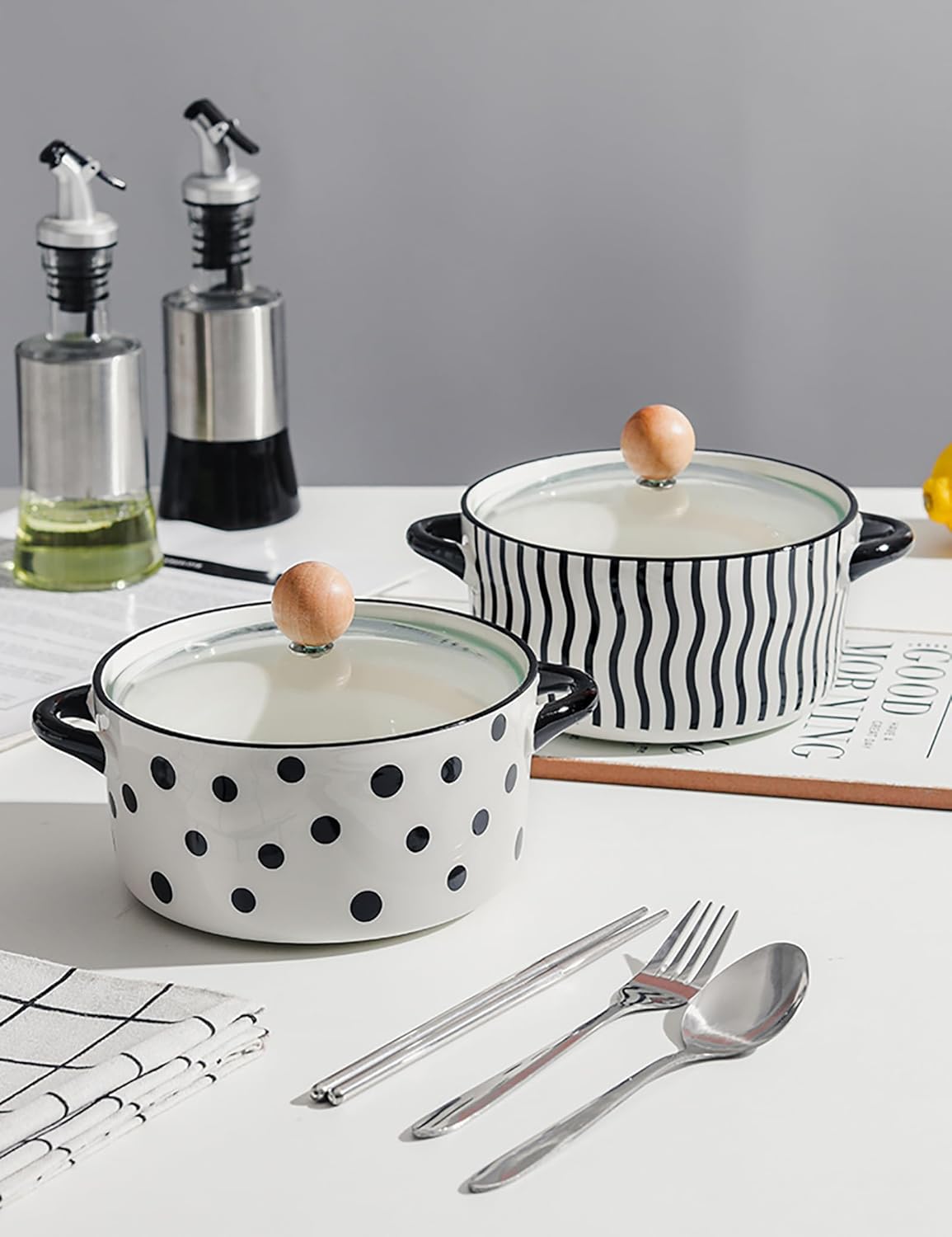Ceramic Serving Soup Tureen Bowls with Glass Lid, Tureen Large Capacity Ceramic Serving for Home Kitchen Countertop Decoration, Microwave and Dishwasher Safe,Checkered