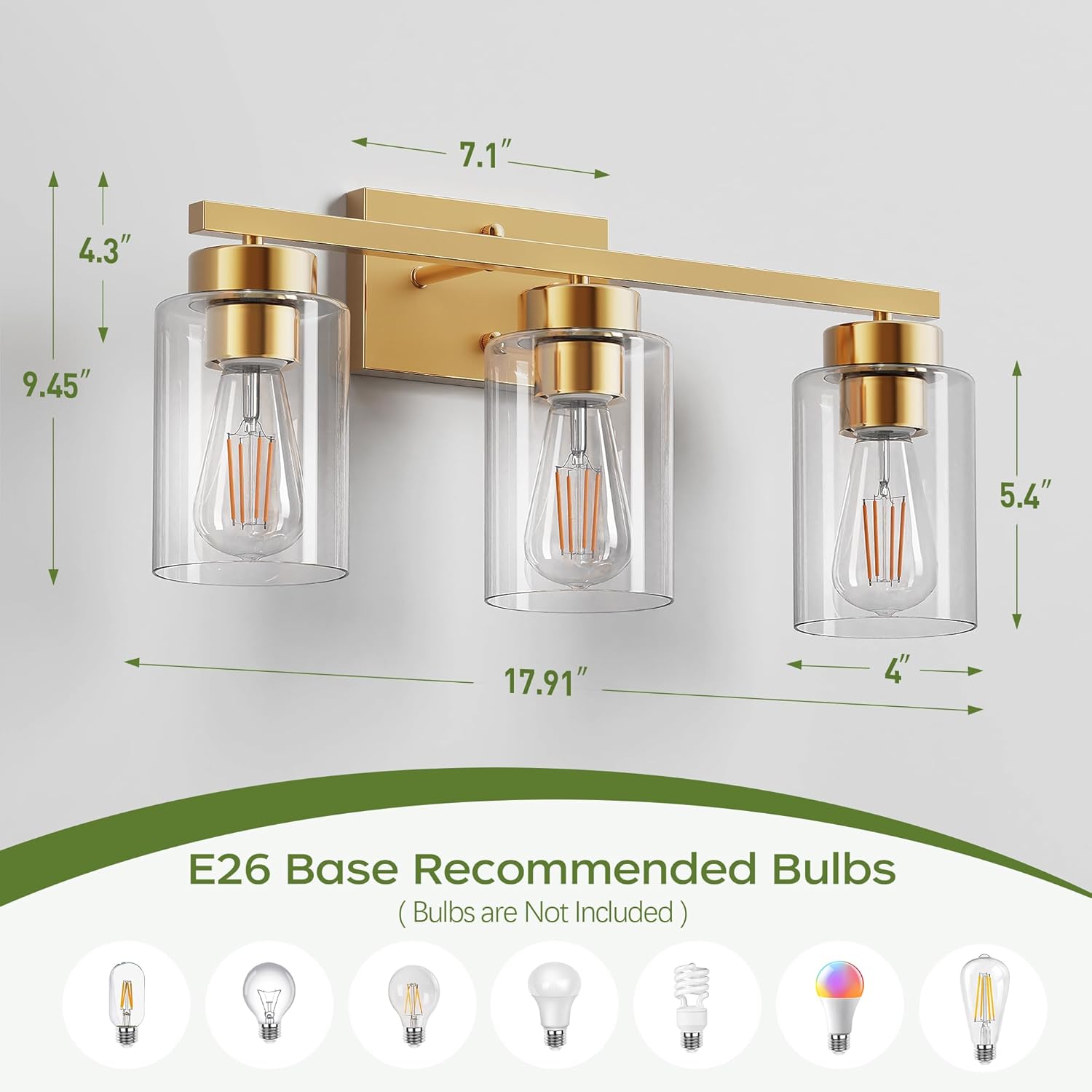 PARTPHONER 3-Light Bathroom Light Fixtures, Brushed Gold Vanity Light with Clear Glass Shade, Modern Wall Sconce for Mirror Bedroom Living Room Hallway Lighting
