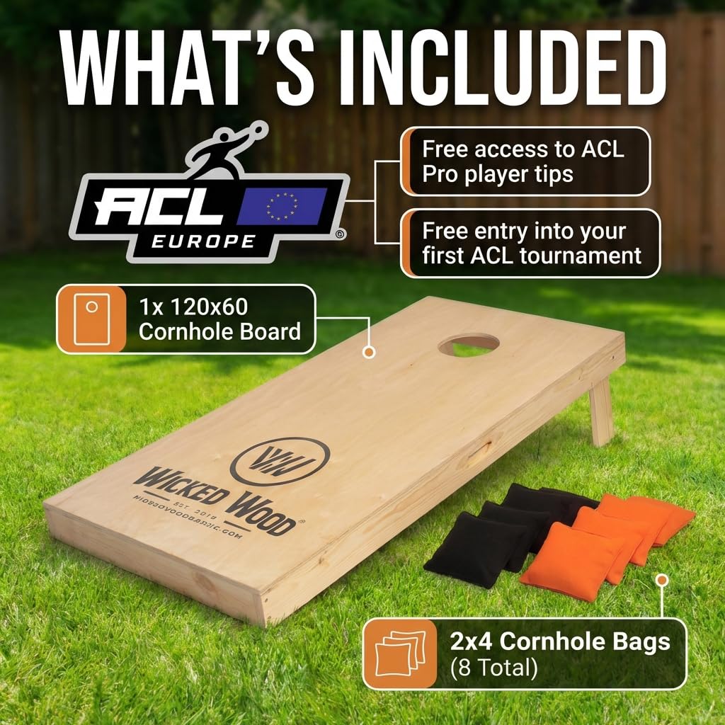 Cornhole Set – 120 x 60 cm - Sackloch Spiel – Wicked Wood – offiziell ACL-lizensiertes Set of Boards – 2 x 4 Cornhole säckchen 450gr - Cornhole Spiel Outdoor