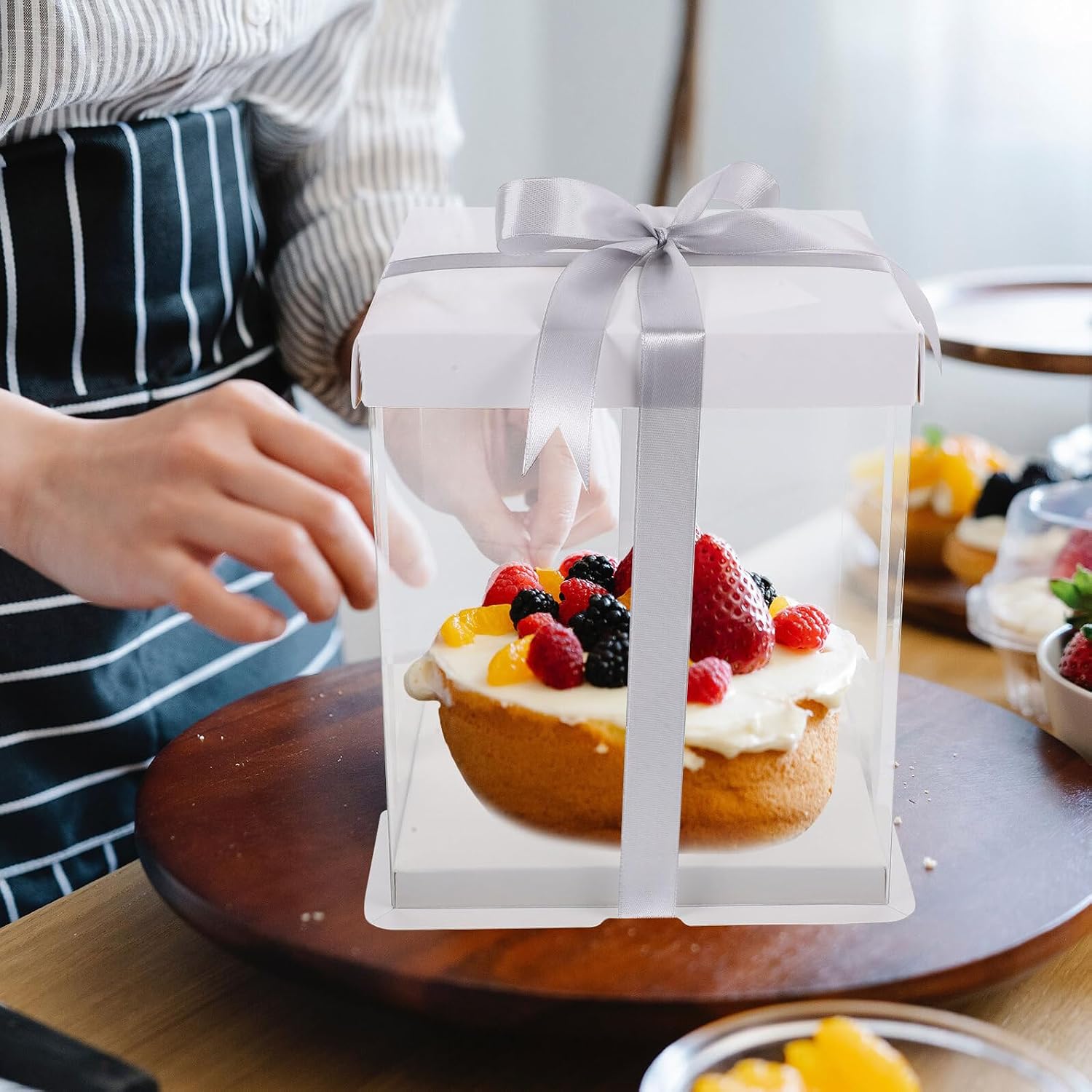 5pcs Square Cake Display Boxes 4-inch White Double-layer Bakery Cake Carrier Portable Wrapping Boxes for Birthday Party and Packaging