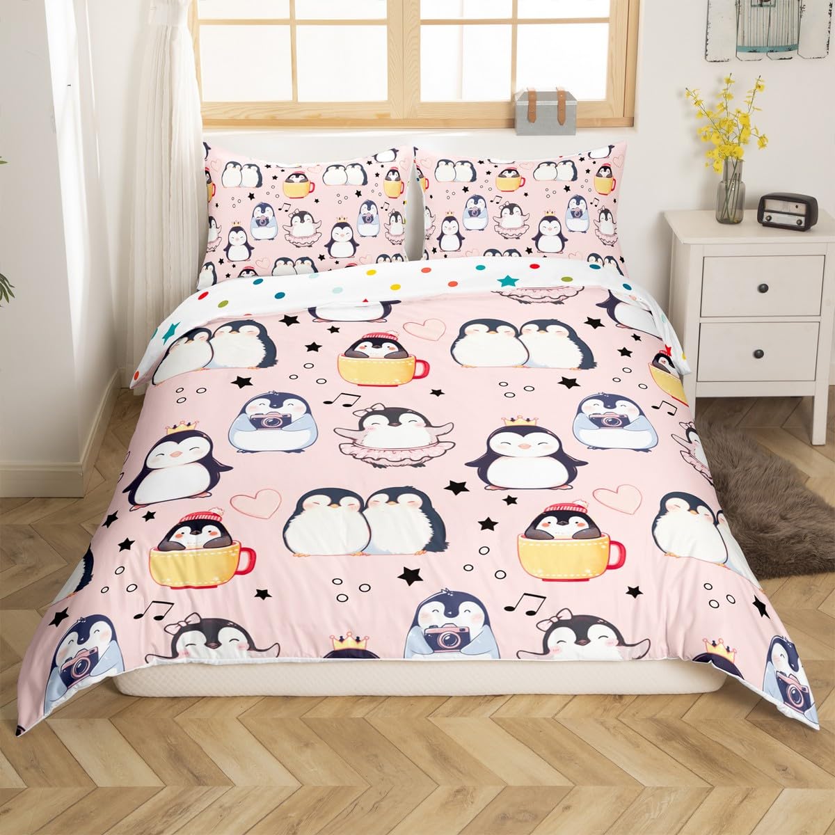 Cute Penguin Duvet Cover Set Toddler Size,Cartoon Kawaii Antarctic Animal Reversible Quilt Cover for Kids Boys Girls Stars Dots Musical Note Pink Bedding Set with 1 Pillowcase,No Comforter