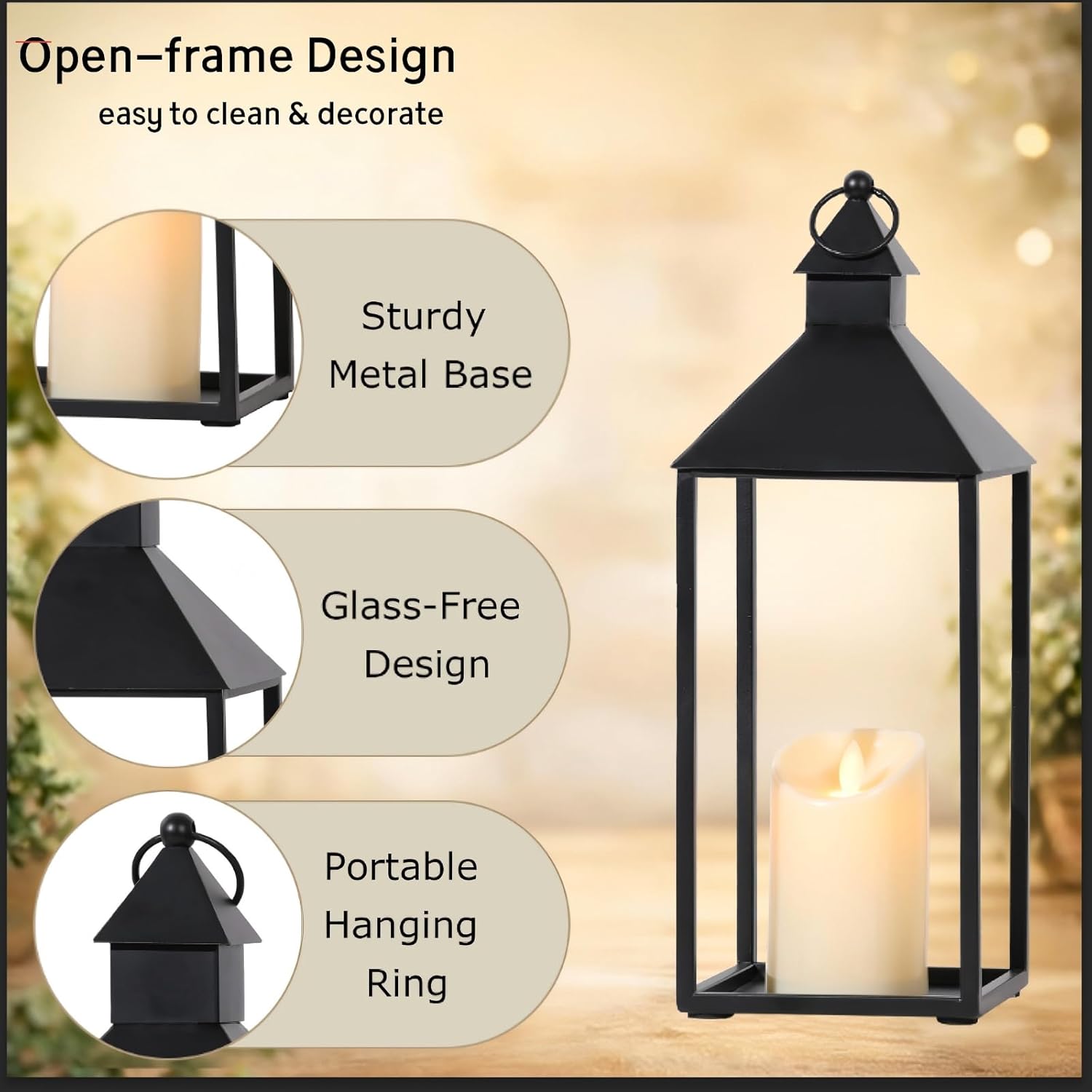 Lantern Decorative Outdoor/Indoor Set of 2 (17" & 13") Black Metal Candle Lanterns with Flameless, Farmhouse Decoration for Home, Porch, Garden, Mantle, Wedding
