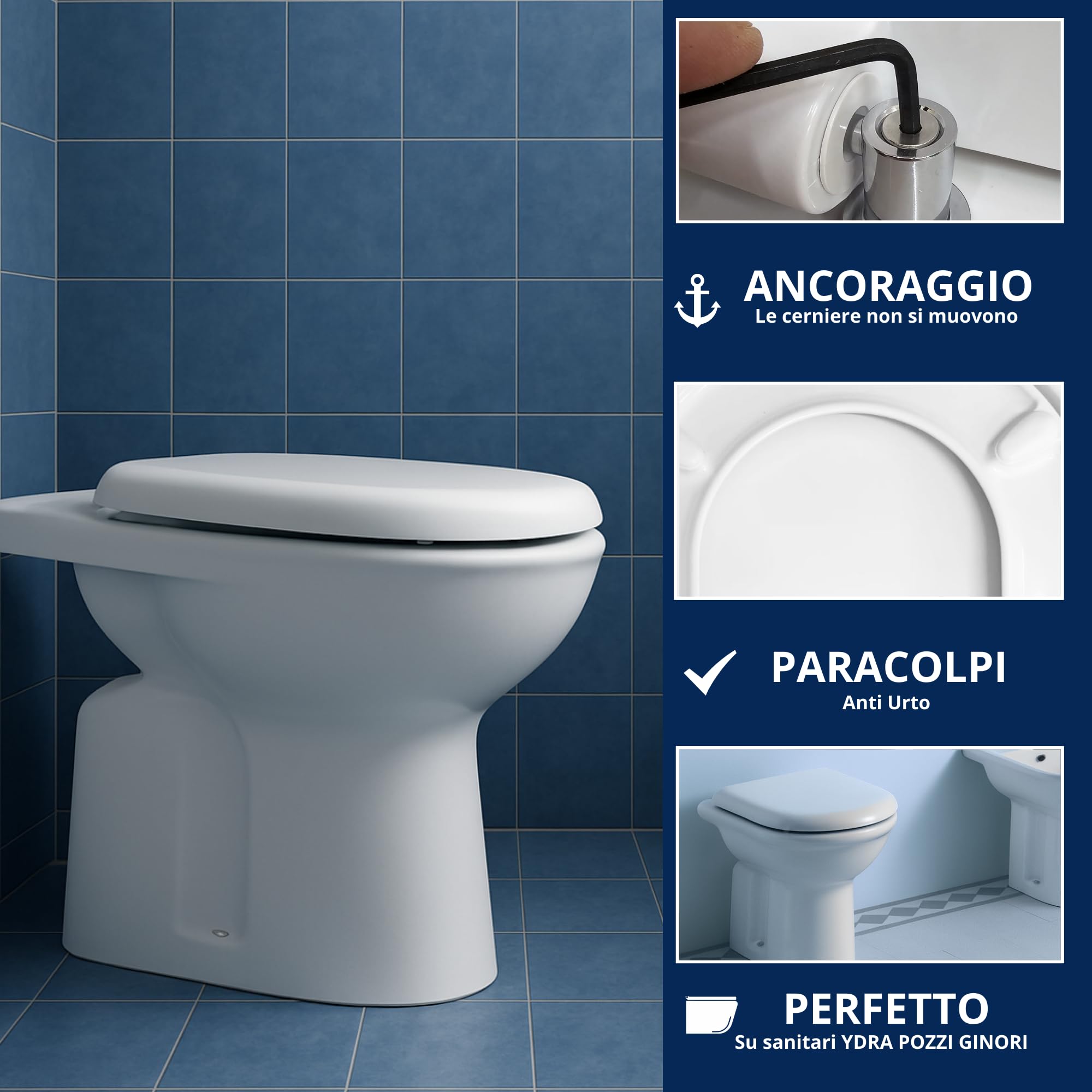 HYDRO HOME Copriwater compatibile con Pozzi Ginori Ydra, Tavoletta WC termoindurente antibatterica, Sedile WC con cerniere fissaggio dall’alto, Chiusura classica, Montaggio rapido, Bianco