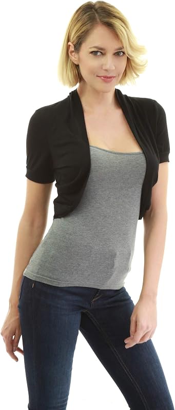 AmélieBoutik Women Short Sleeve Bolero Shrug Open Front Pleated Sides Cropped Cardigan for Dress Casual