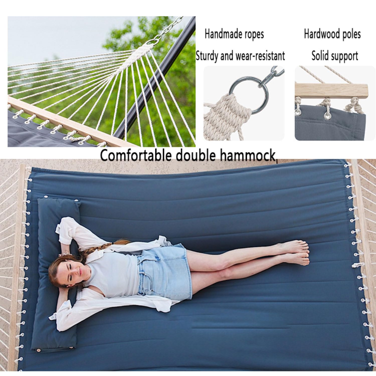 Hamac double avec support – Hamac portable robuste pour une utilisation en extérieur et intérieur, capacité de 250 kg, corde en coton avec rembourrage matelassé et barres d'épandage en bois dur