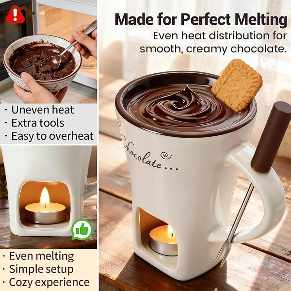 Chocolate Fondue Mug with Fork Set | Ceramic Chocolate Melting Cup | Personal Mini Cheese & Chocolate Melting Pot | Romantic Date Night Birthday Wedding Gift (White) - 4