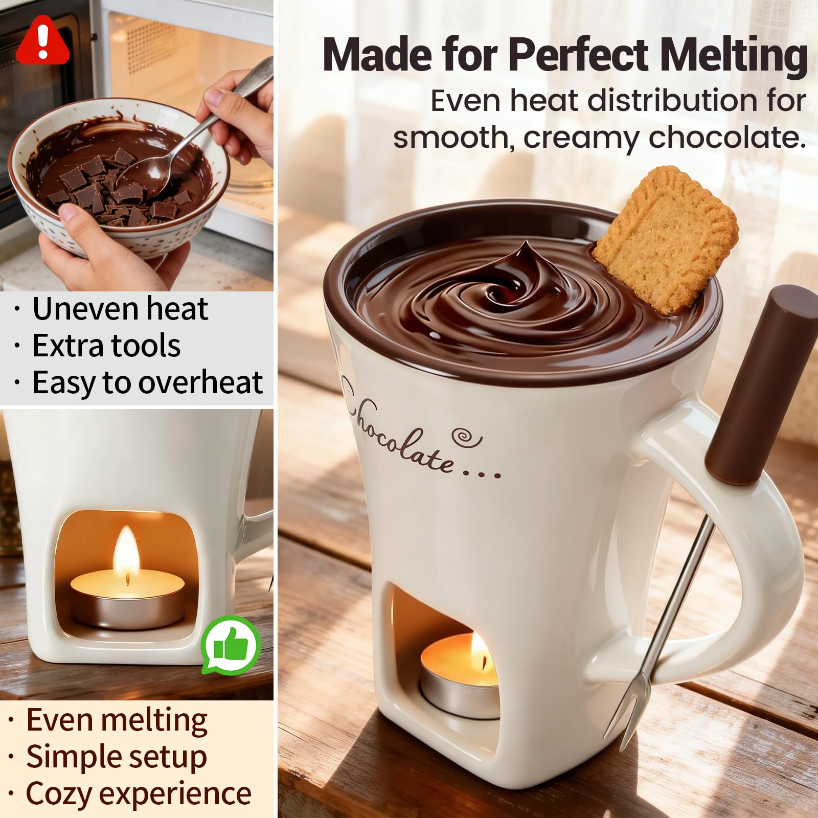 Chocolate Fondue Mug with Fork Set | Ceramic Chocolate Melting Cup | Personal Mini Cheese & Chocolate Melting Pot | Romantic Date Night Birthday Wedding Gift (White) - 5