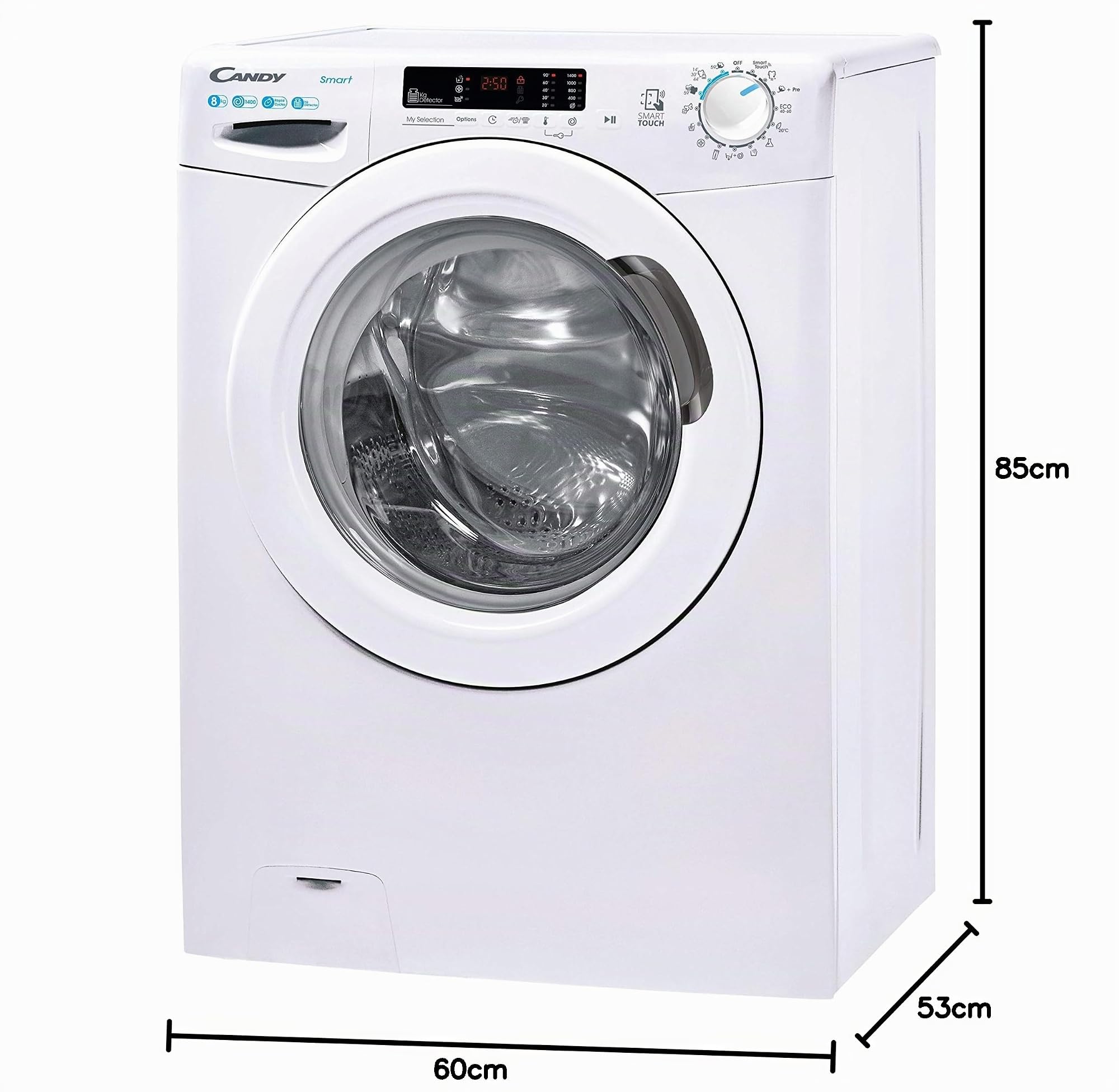 Candy Smart CS 1482DE/1-S, Lavadora 8 KG, 1400 RPM, Tecnología NFC, Asistente de Voz, 15 Ciclos, 5 Rápidos, Ciclo Higiene+, Planchado Fácil, Inicio Diferido 24H, Detector de KG, 79 DB, Clase D, Blanco