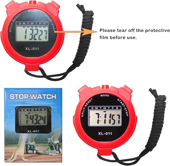 6-Pack Multi-Function Electronic Digital Sport Stopwatch Timer, Large Display with Date Time and Alarm Function, Sports Coaches Fitness Coaches and Referees Red