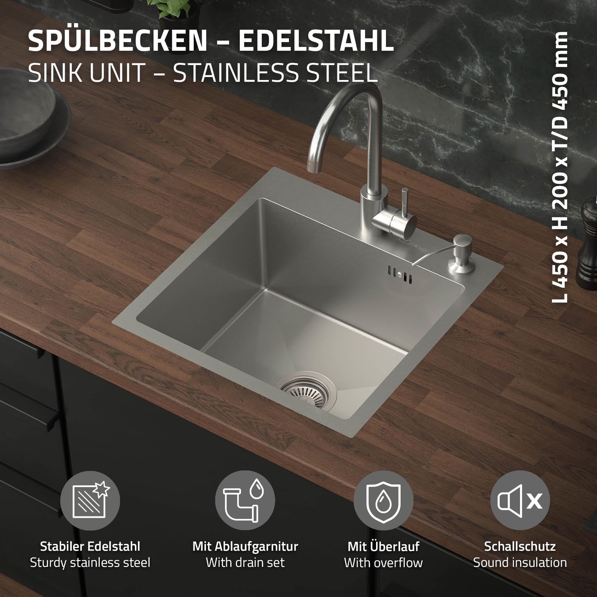 ML-Design Lavello in Acciaio Inox 45x45 cm Lavabo da Cucina Quadrato Argento 1 Vasca Lavandino da Incasso con Set di Scarico e Troppopieno Vasca Singola con Sifone