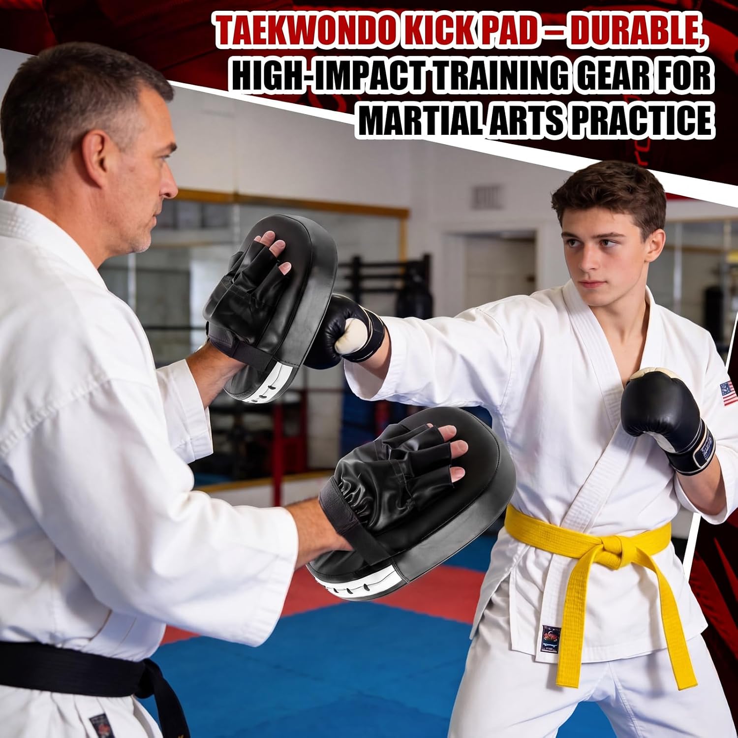 Poen 4 Pcs Taekwondo Kick Pads Set with Focus Mitts and Double Kick Paddle, Martial Arts Training Equipment for Kids Adults, Karate Kickboxing Punching and Kicking Practice Gear