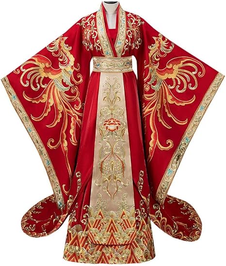 Amazon Co Jp Hangerfeng Hanfu赤いウェディングドレスフェニックスパターン刺繍ロングテールスーツ制服コード ファッション