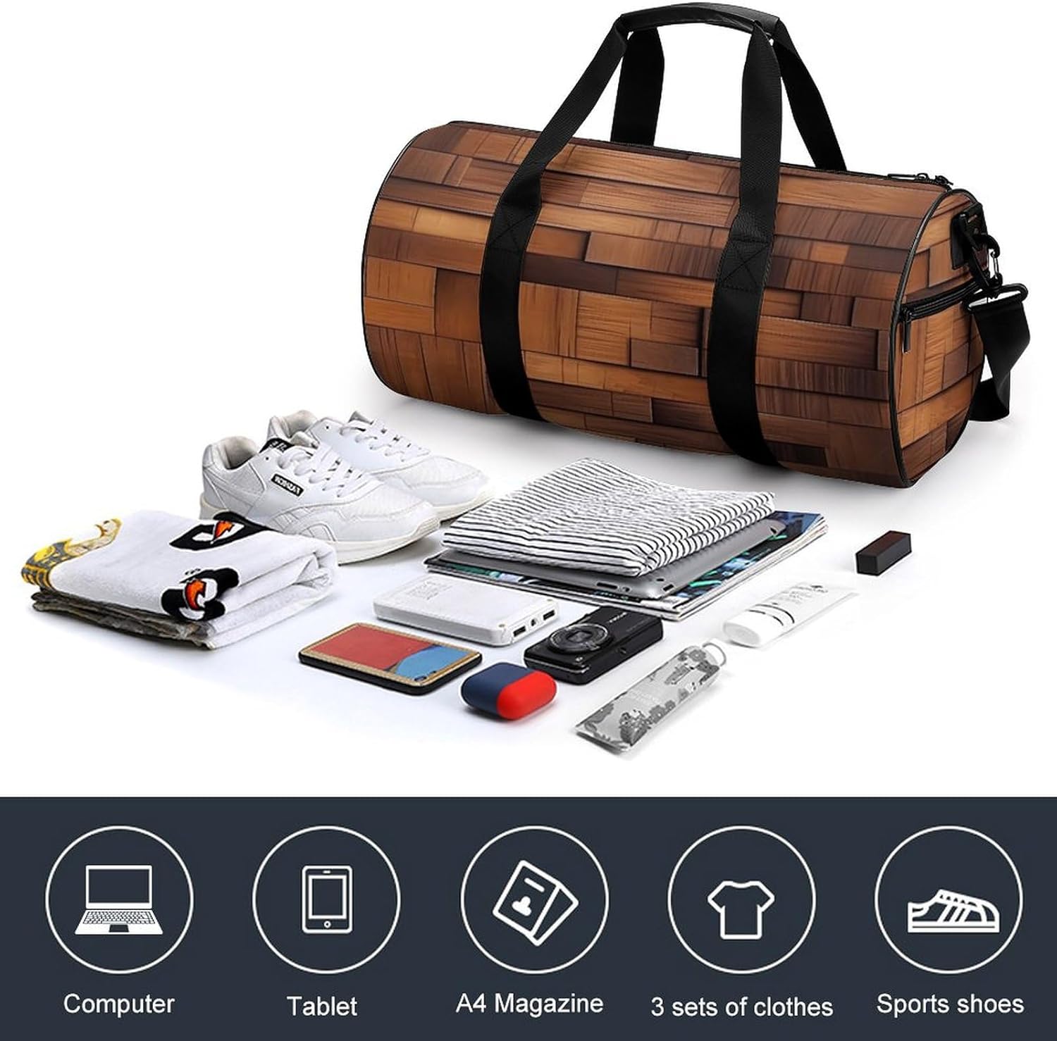 Brown Wooden Wall Print Gym Sport Bag Travel Duffel Bags Weekender Carry on Tote Bags for Women Men