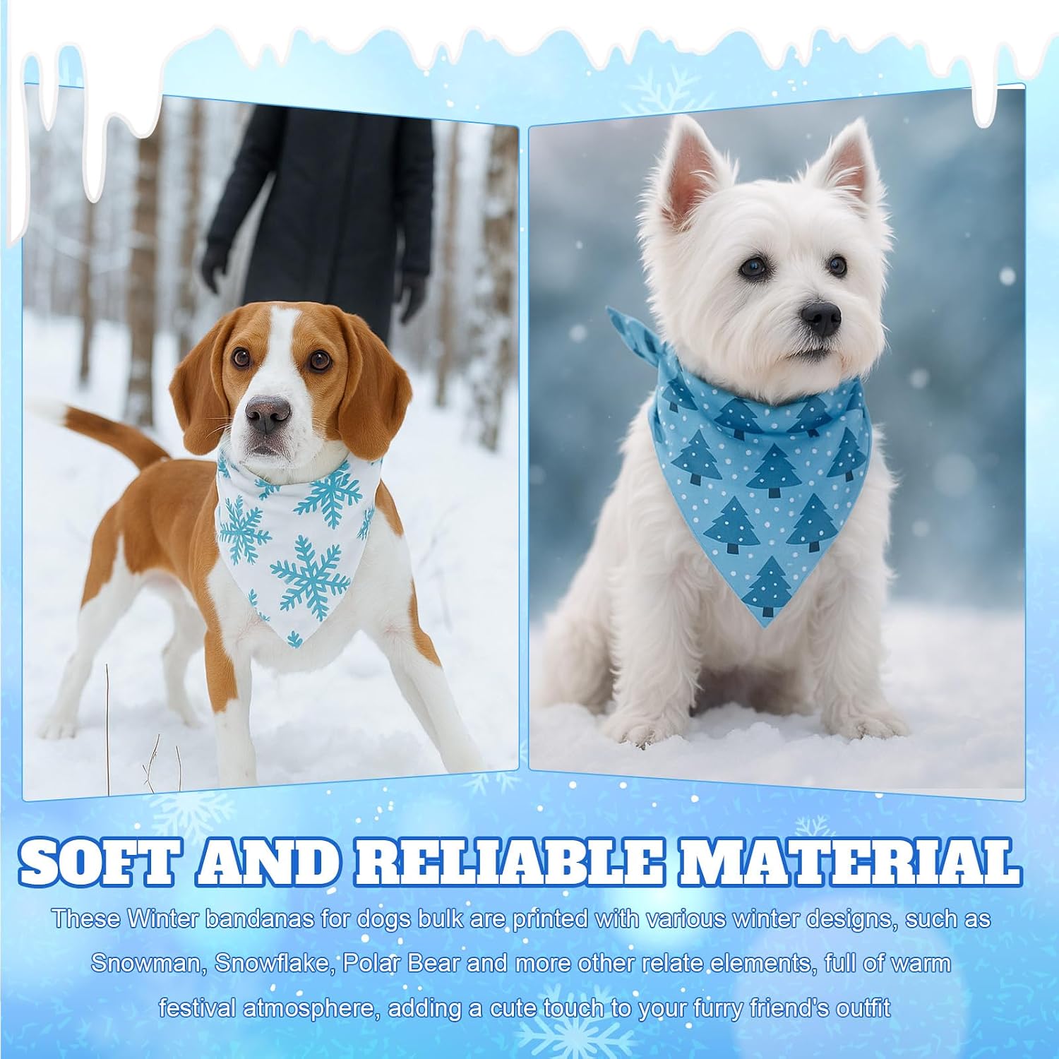 Preboun 100 Pcs Winter Dog Bandanas Bulk Blue Snowflakes Snowmen Bandanas for Dogs Triangle Kerchief Bibs Scarf for Pet Costume Photo Props Accessories Grooming Services Pet Shops Groomers, 25 Styles