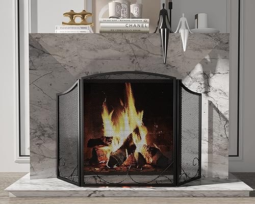 Miniatura 8 de Lizh Metalwork - Pantalla de chimenea de hierro forjado de 3 paneles, 48 pulgadas de largo x 29 pulgadas de alto, protector de chispas con diseño de