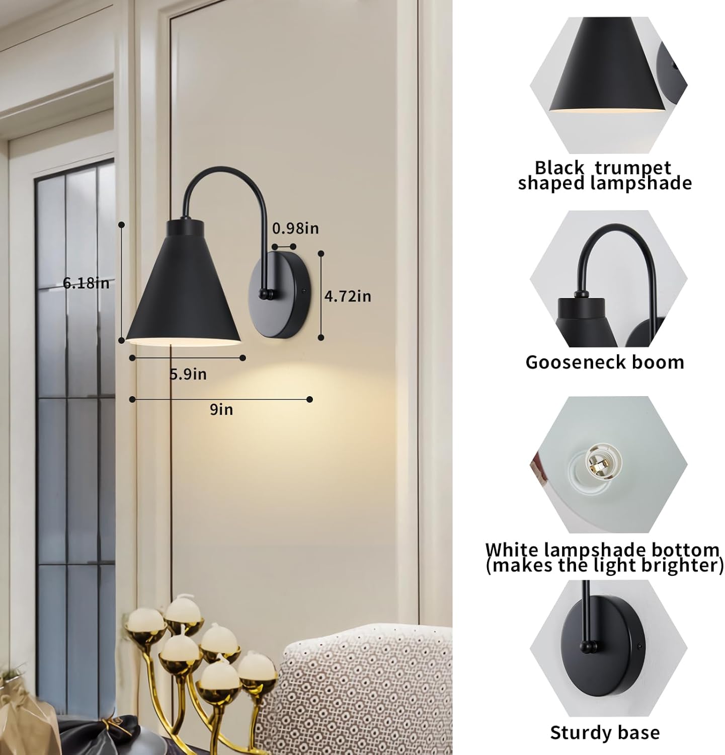Vintage Cordless Gooseneck Battery Operated Wall Sconces Set of 2, Black Bedside Battery Powered Wall Decor Lamps with Remote Control, Wireless Indoor LED Lights Fixture for Hallway Bedroom