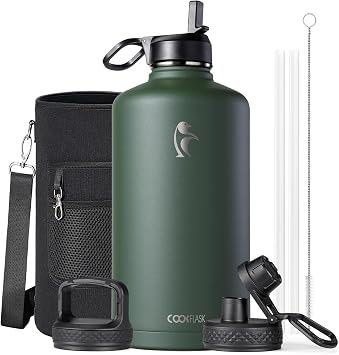 Coolflask 3.8L Gallon Water Bottle Insulated with Straw&3 Lids, Water Jug Large Stainless Steel Metal Vacuum Wide Mouth for Sports, Gym or Office, Non-BPA Keep Cold 48H Hot 24H, Dark Green