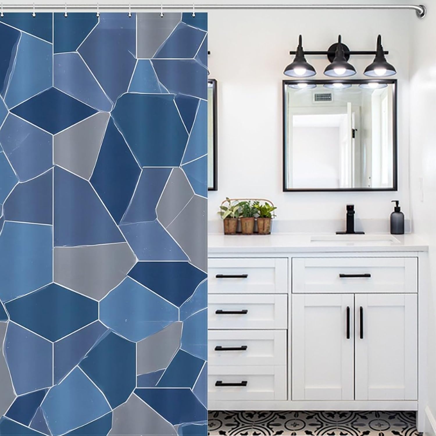 Blue Gray Mosaic Math Pattern Fabric Shower Curtain Liner Bath Bathroom | machine washable,with 12 hooks,stainless steel grommets,room divider