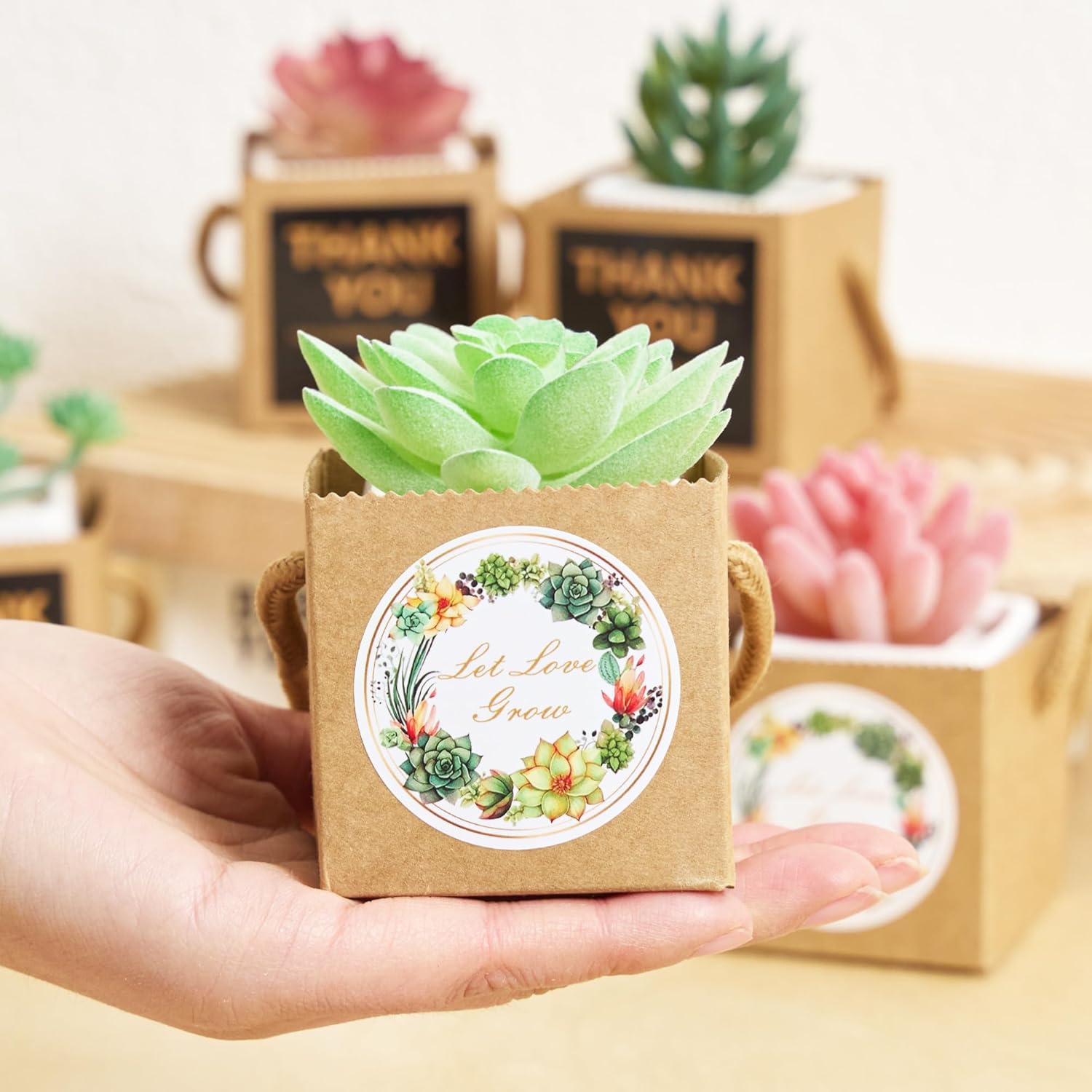 ULLIKI 2.5 Inch Succulents Wrap Bags with Thank You & Let Love Grow Stickers, Mini Succulent Gift Bags with Handles, Succulent Party Favors for Guests, Garden Party Favors for Guests (Brown 100pcs)