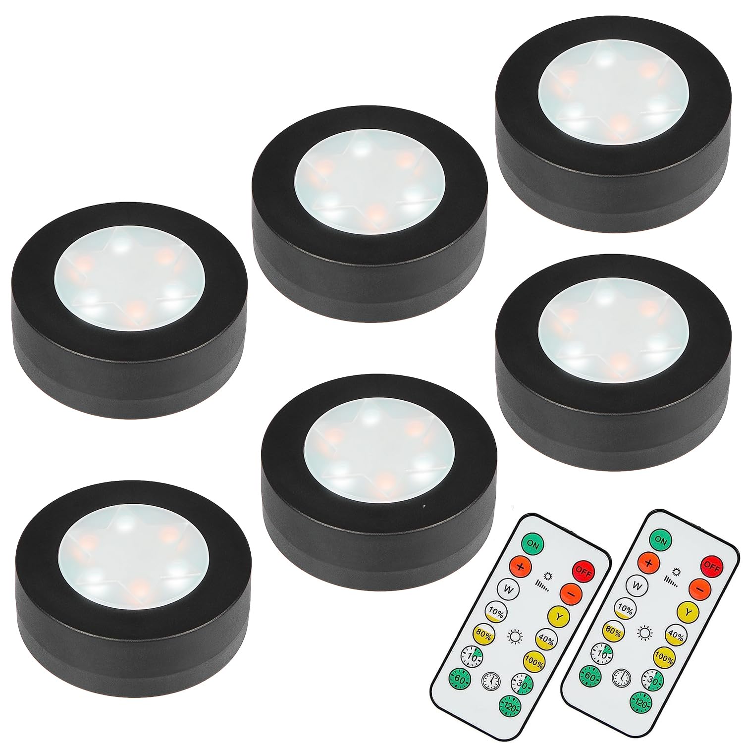 Moujuchi Black-6 Pcs Under Cabinet Kitchen Lights, 6 Pack Wardrobe Battery Operated Wall Lights With Remote Control, Brightness Dimmable For Closet, Stairs, Drawer, Counter