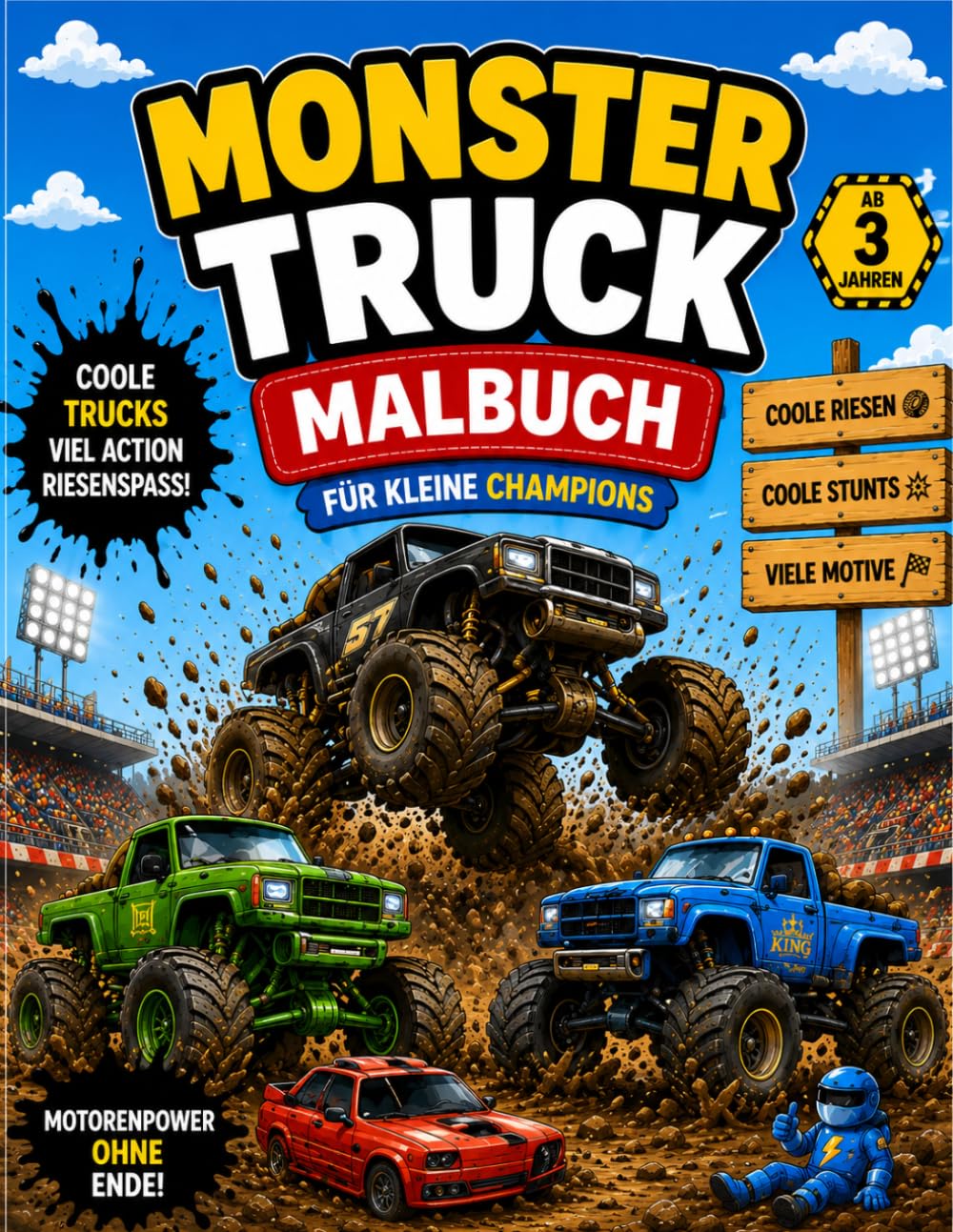 Monster Trucks Malbuch für Kinder ab 3 Jahren: 30 coole Monster Truck Motive zum Ausmalen | Große Fahrzeuge, einfache Bilder und kreativer Malspaß für Jungen und Mädchen