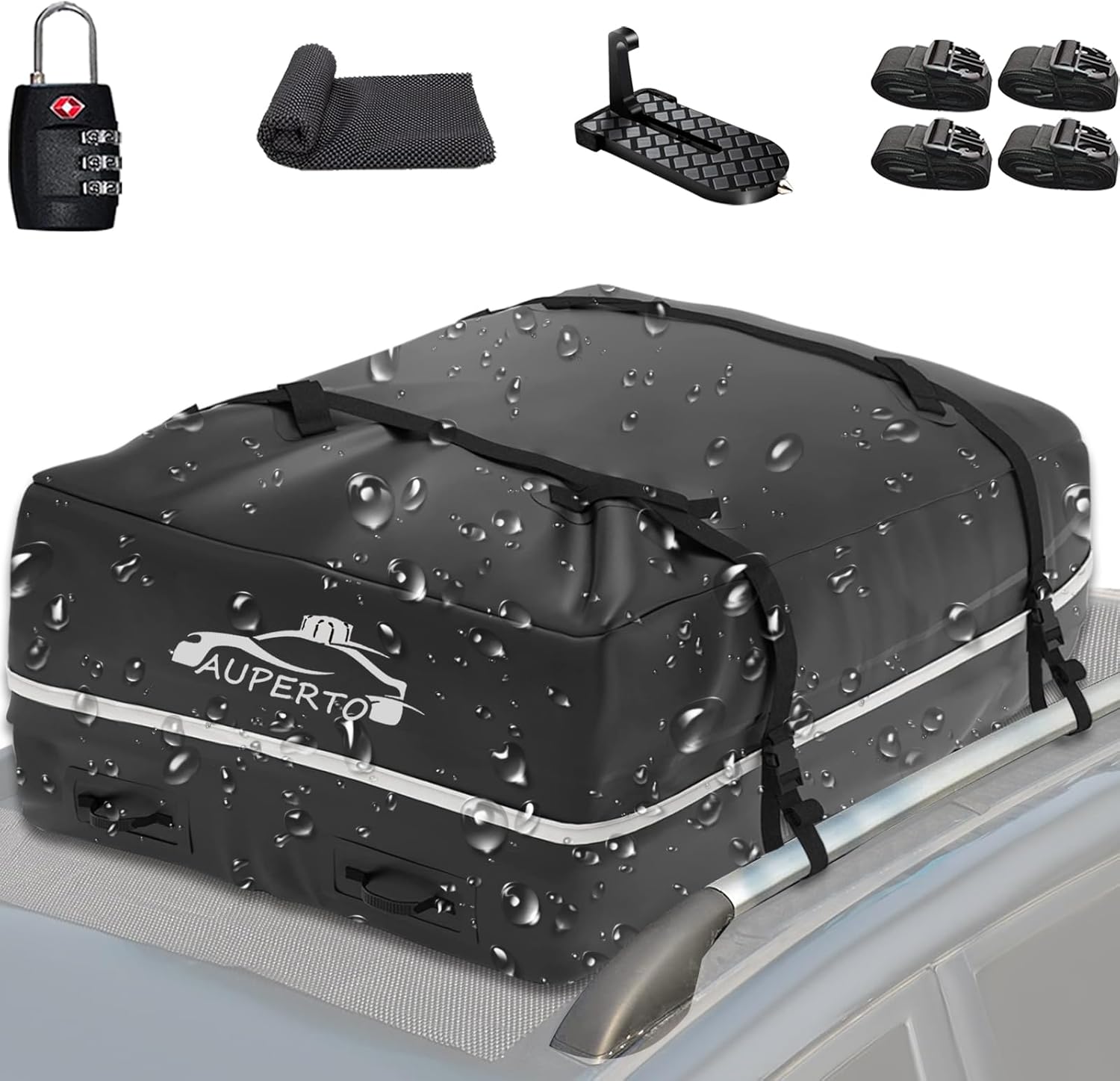 AUPERTO Car Roof Bag, 15 Cubic Feet Heavy Duty Bag, Car Roof Box with AntiSlip Mat and 4 Heavy