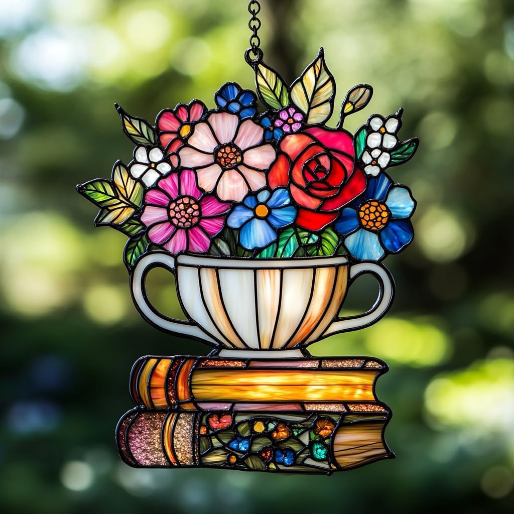Floral Tea Cup and Books Acrylic Suncatcher Stained Glass Effect Window Car Hanging Christmas Ornament Indoor Outdoor Decor Garden Sun Catcher Panel for Book Lover for Women Mom Grandma
