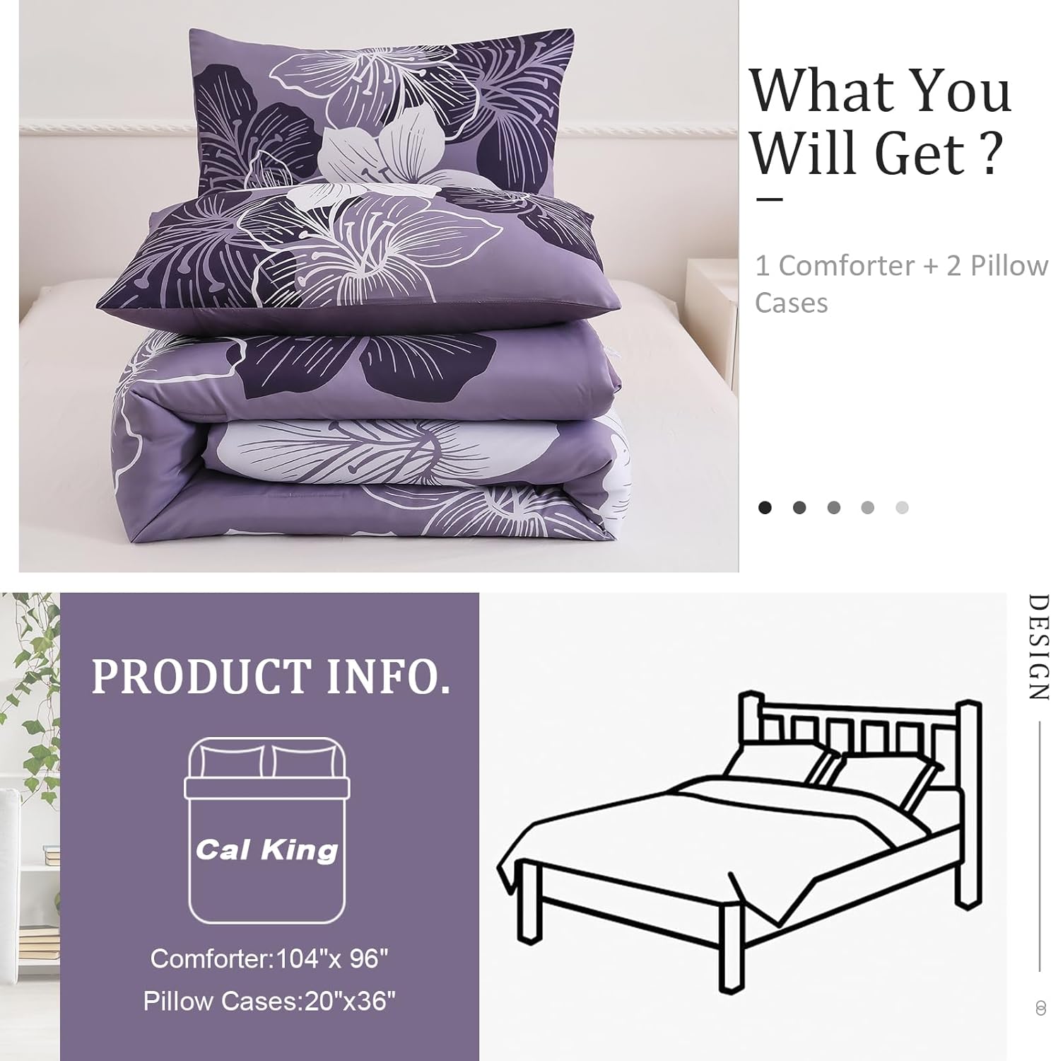 Menghomeus California King Comforter Set Dark Purple Floral Bedding Comforter Sets - Soft Microfiber Bed Set for All Season 3 Piece Botanical Flowers Comforter, Pillowcases