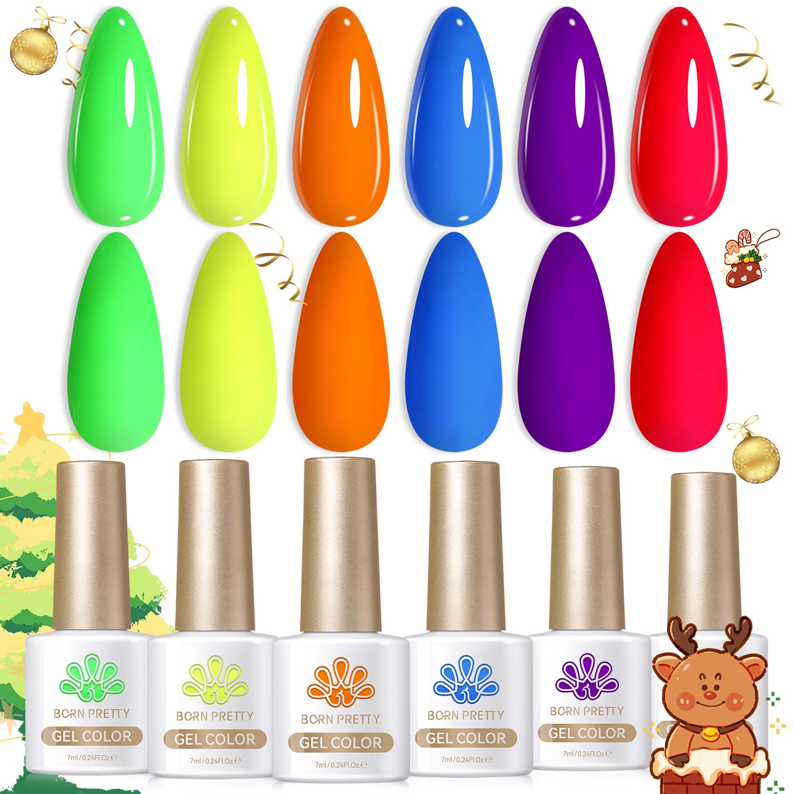 Born Pretty Neon Gel Nail Polish Spring Summer Bright Rainbow Colorful Fluorescent Gel Polish Yellow Green Blue Purple Red Orange Color Gel Nail Polish Collection Gift 6PCS
