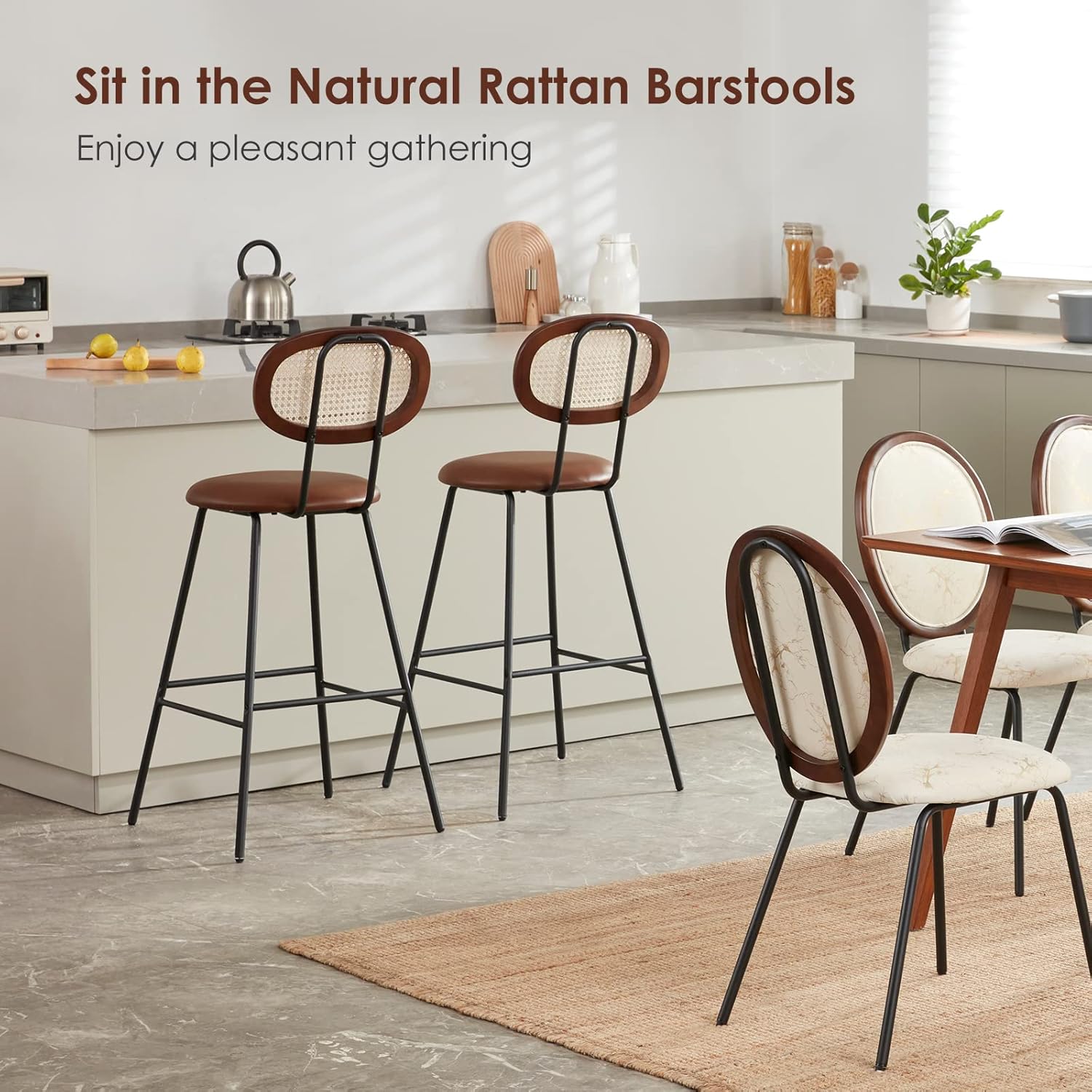 Bar Stools High Chair Bar Stools Set of 4, Modern Industrial Faux Leather Dining Chairs Barstools for Coffee Tall Mid Century Bar Stools with Back Barstools Rattan Counter Stool Boho Chairs Brown,30" - Chairs
