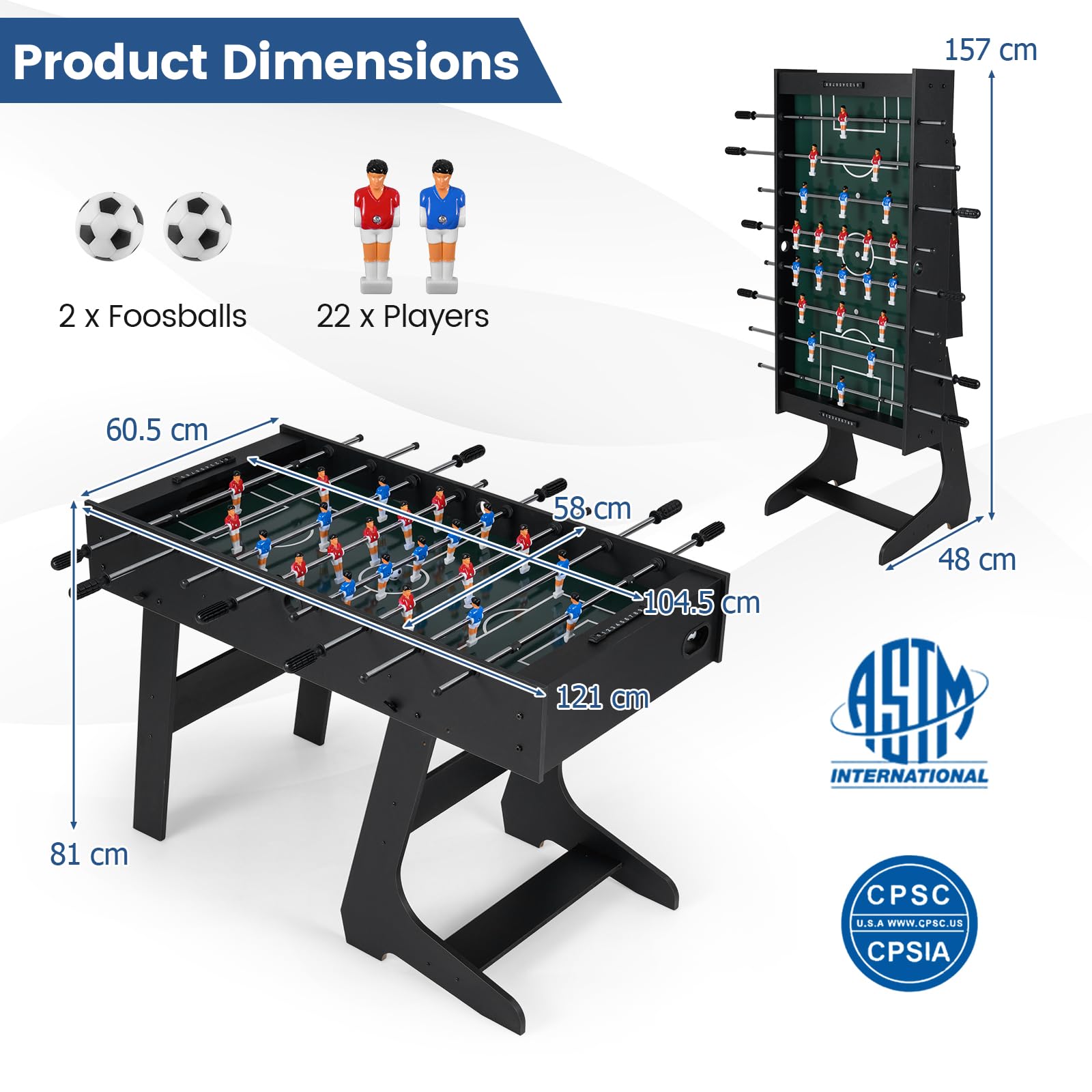 FANTASK Futbolín Plegable, futbolín de Madera con 2 Bolas, 2 contadores de Puntos y 22 Figuras de Juego, Mesa de futbolín para 2-4 Jugadores, Ahorra Espacio, Mesa de Juego para niños y Adultos