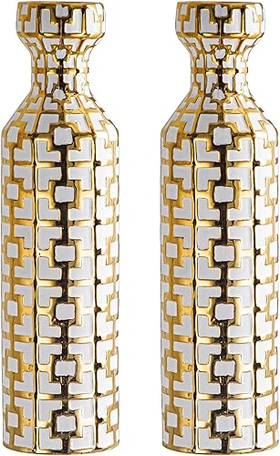 Par de jarrones cilíndricos de cerámica de 24.4 pulgadas de alto con detalles geométricos dorados, florero grande, jarrón decorativo, jarrones