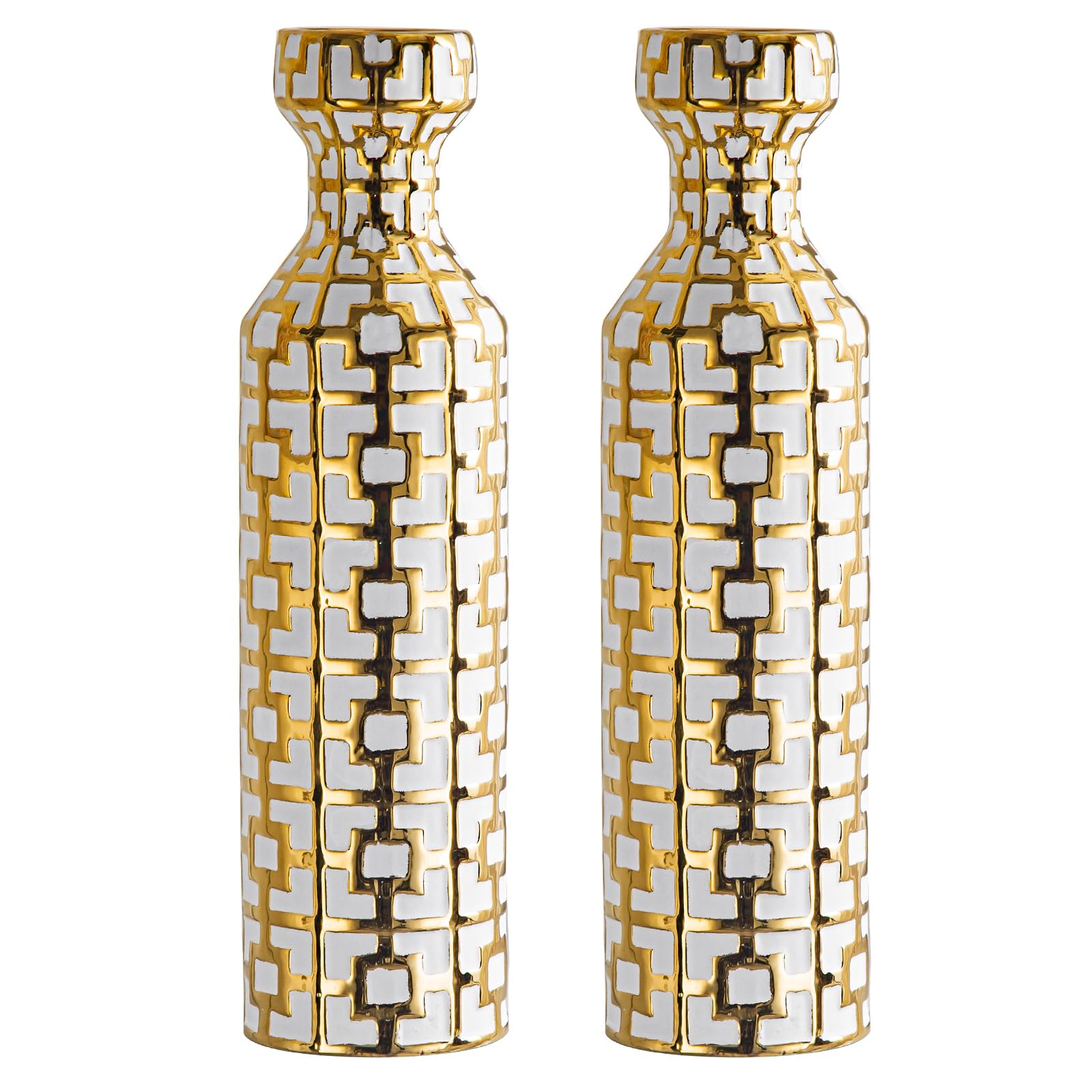 Pair of 24.4" Tall Ceramic Cylinder Vases with Geometric Gold Accents, Large Flower Vase, Decorative Vase - Modern White & Gold Floor Vases for Living Room, Entryway Decor (Set of 2)