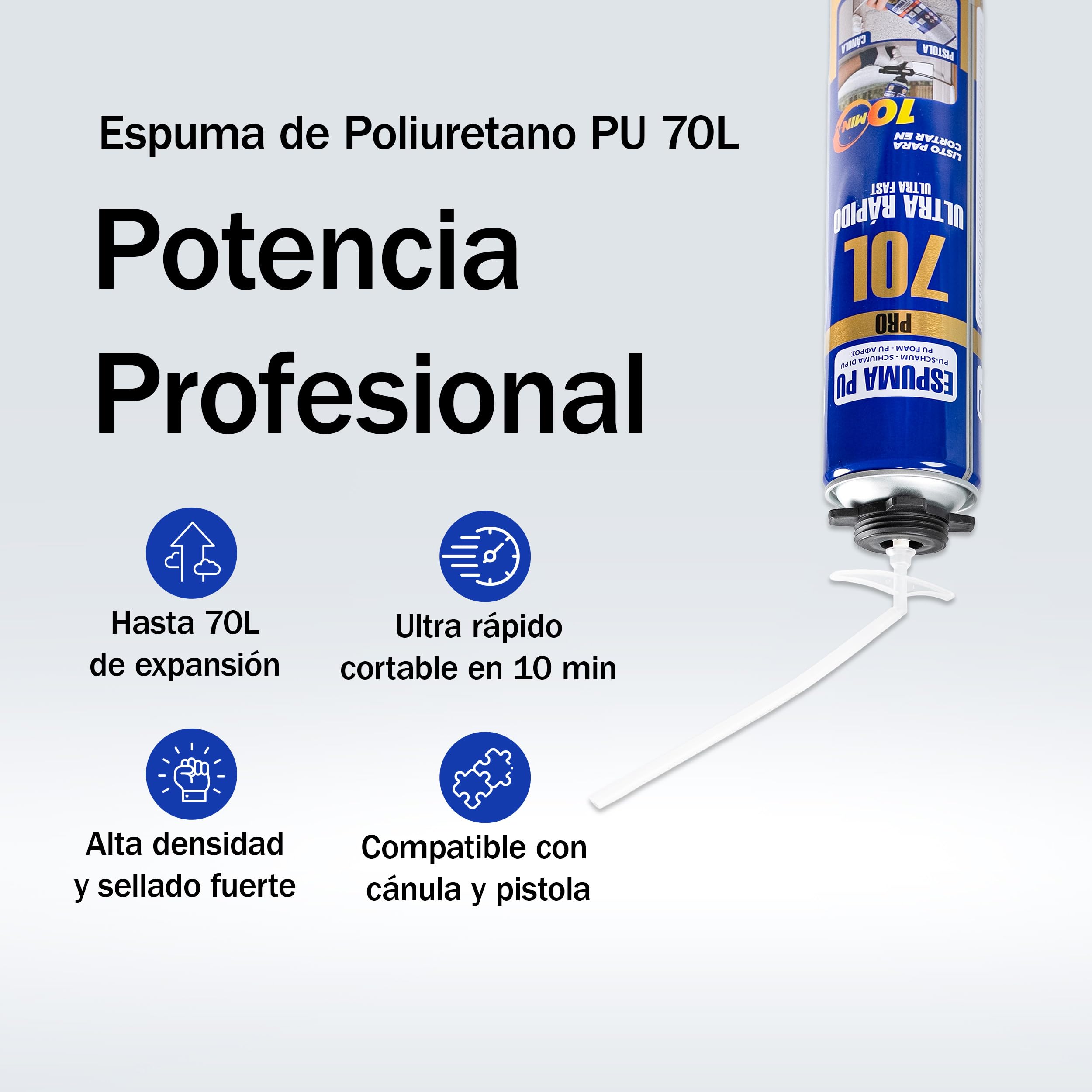 Espuma de Poliuretano 70L 750ml con Cánula – Espuma Expansiva Ultra Rápida para Sellado de Grietas y Huecos – Aislamiento Térmico y Acústico – Espuma para Construcción, Puertas y Ventanas x8 Unidades