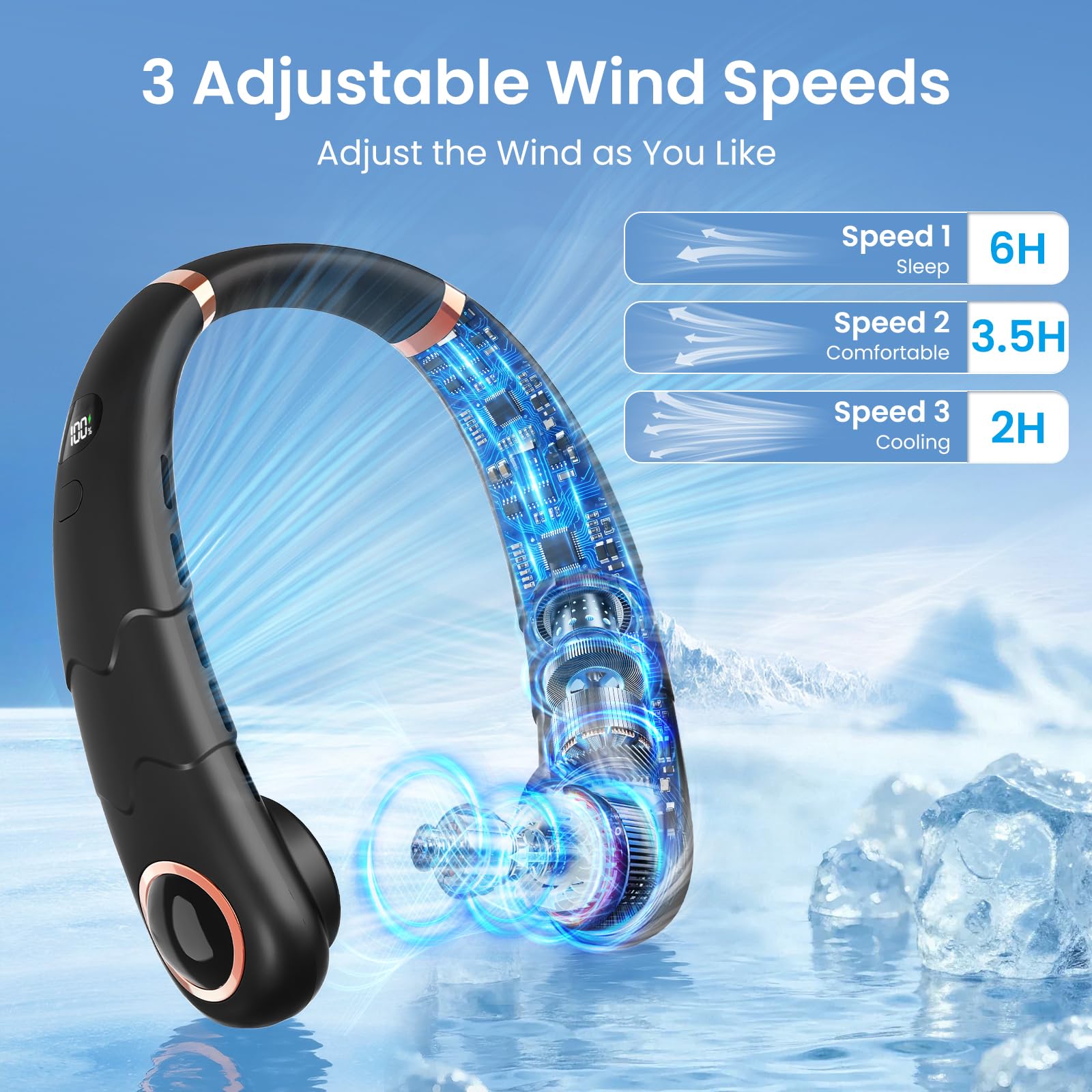 YAZEKY Ventilatore da Collo, Ventilatore da Collo Portatile USB Silenzioso Senza Lama con Flusso d'Aria a 360°,Mini Ventilatore Personale (Nero intenso)(black-3) (Nero)