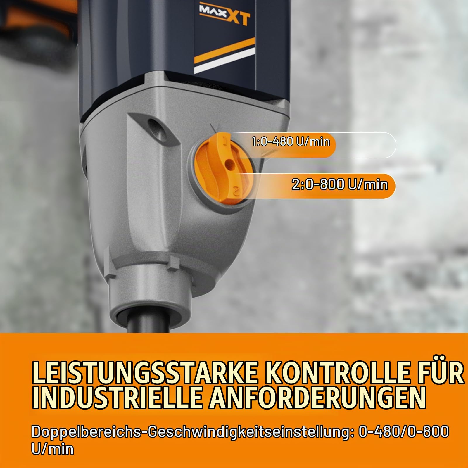 MAXXT 1400W Rührwerk mit 2-Gang-Getriebe & Sanftanlauf | M14 Rühreraufnahme | Dauerleistungsmotor | Inkl. 140mm Rührquirl + 2 Schlüssel | Leerlaufdrehzahl 0-480/800 U/min | 220-240V 50Hz