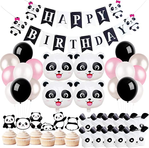 Amazon Com Panda Birthday Party Decorations Panda Happy Birthday Banner Cupcake Topper Foil Balloons Favor Goodie Bags For Girls Panda Bear Party Supplies Everything Else