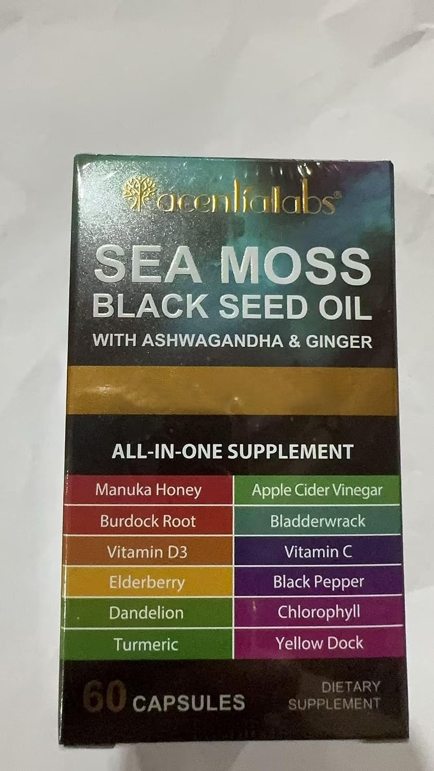 Sea Moss Black Seed Oil Ashwagandha Ginger, Sea Moss Capsule Supplement with Turmeric Burdock Root Bladderwrack Vitamin C Vitamin D3 Enhanced Immunity & Energy Black Seed Oil Capsule 60 Count
