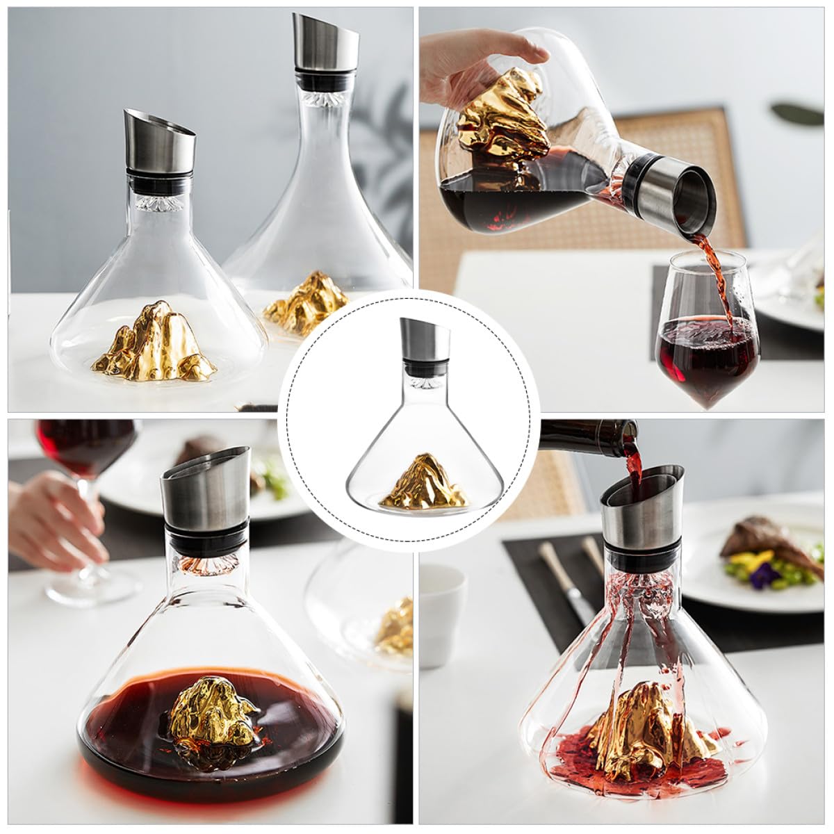 Decantador de Cristal Dorado de 1500ml Diseño Elegante para Aireación y Decantación Rápida de Vino en Cenas y Eventos