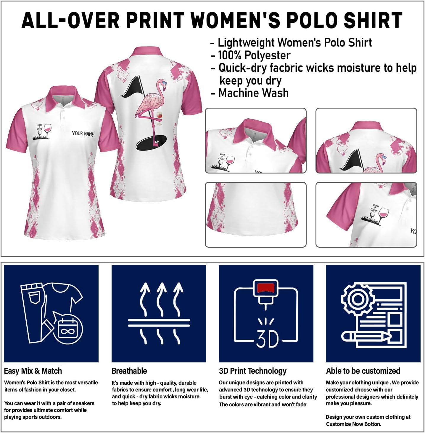 Custom Golf 3D Polo Shirt for Women Personalized Golf Polos Women Ladies Golf Shirts Short Sleeve Fun Golf Shirts for Women