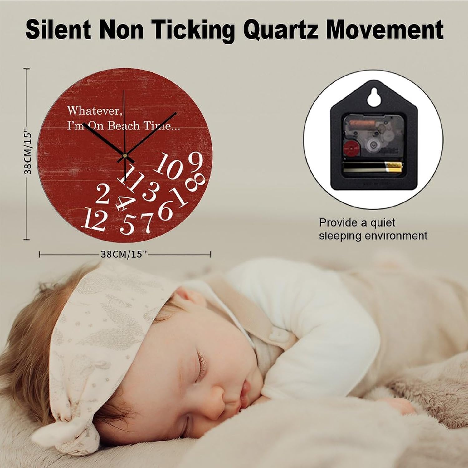 15 Inch PVC Clock Whatever,I'm On Beach Time Round Wall Clock Non-Ticking Quartz Battery Operated Wall Clocks Retro Wall Clock for Bedroom Living Room Kitchen Office