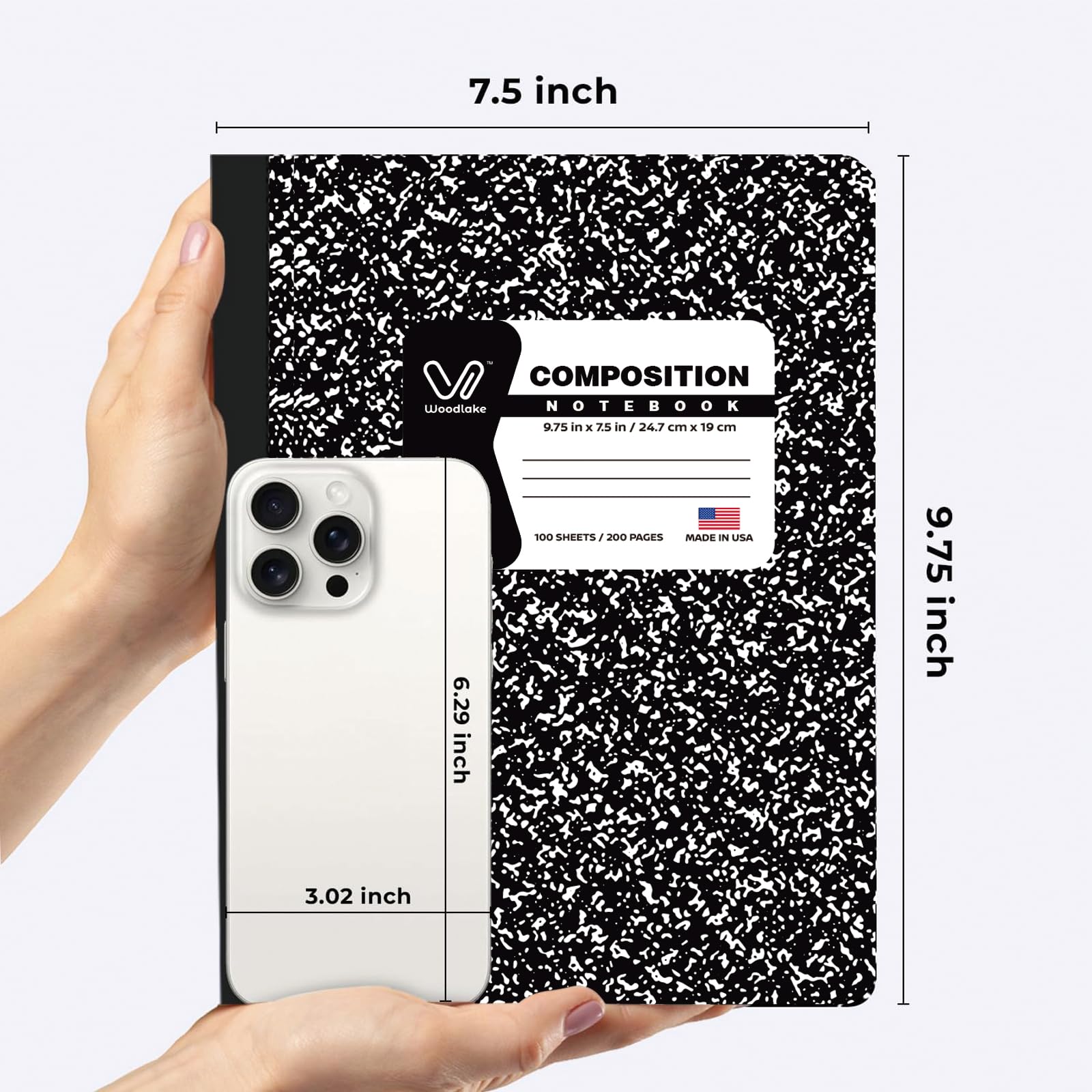 Woodlake Quaderni a righe larghe, confezione da 12, 100 fogli/200 pagine, 24 x 19 cm, copertina in marmo bianco e nero, rilegatura cucita robusta, made in USA, per scuola, ufficio e università