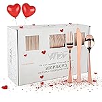 WDF 300 Pieces Rose Gold Plastic Silverware- Disposable Flatware Set - Heavy Duty Plastic Cutlery Includes 100 Forks, 100 Spoons, 100 Knives Perfect for Valentines day, Wedding, Party