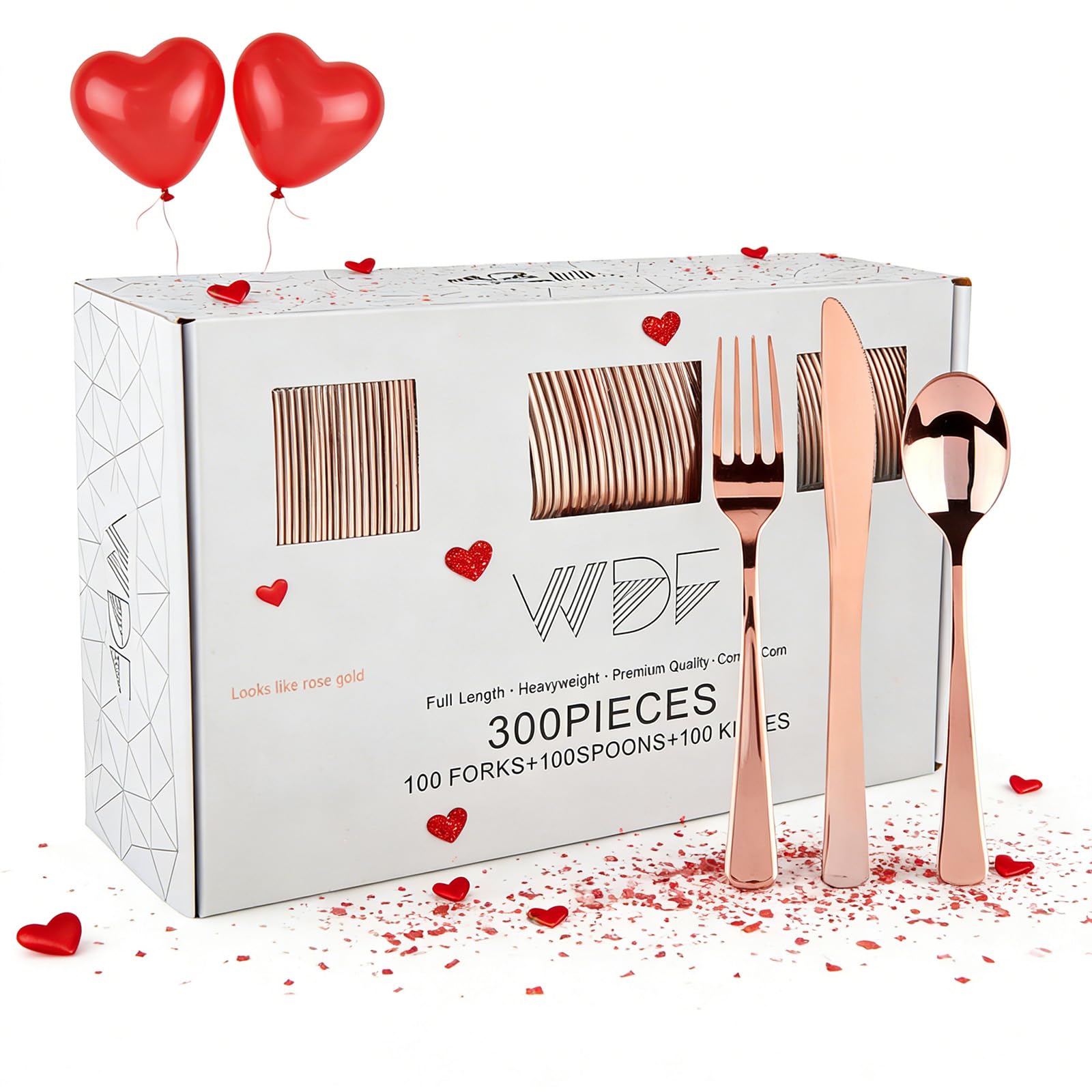 WDF 300 Pieces Rose Gold Plastic Silverware- Disposable Flatware Set - Heavy Duty Plastic Cutlery Includes 100 Forks, 100 Spoons, 100 Knives Perfect for Valentines day, Wedding, Party