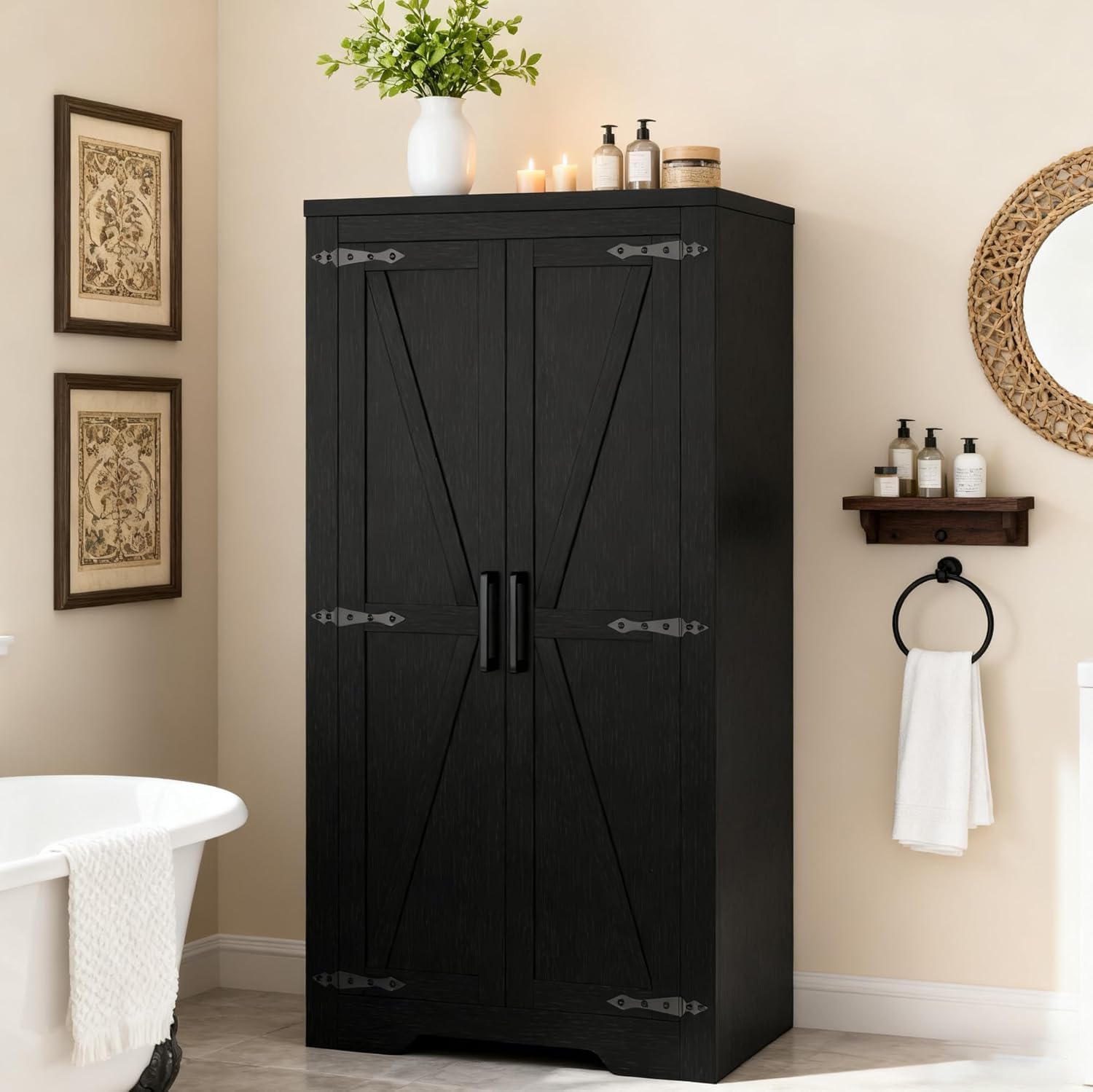 47" Kitchen Pantry Cabinet, Farmhouse Kitchen Pantry Storage Cabinets with 2 Door and 2 Adjustable Shelves, Freestanding Cupboard for Dining Room, Living Room, Bathroom (Black)