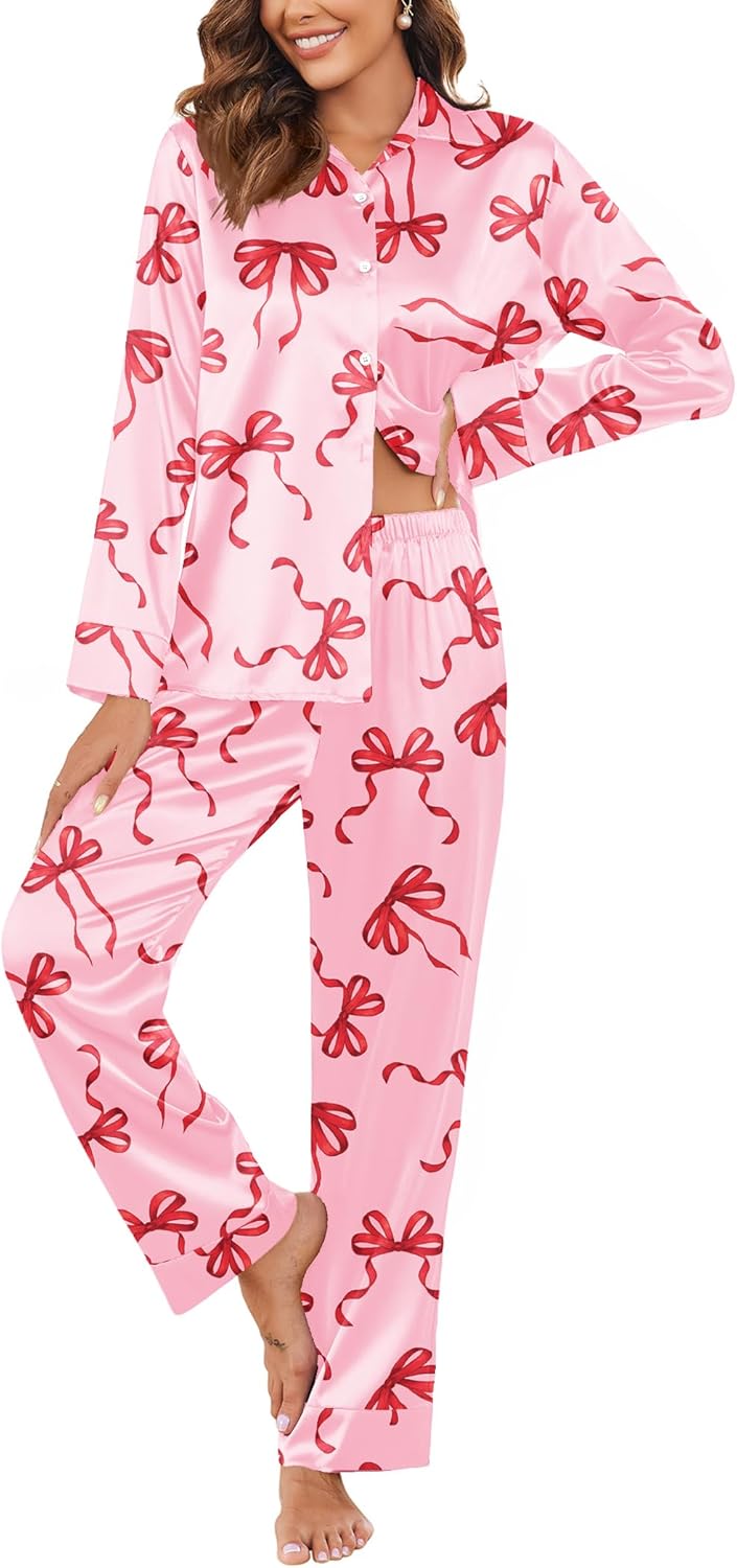 Ekouaer Classic Satin Pajamas for Women Long Sleeve Button Down Sleepwear Soft Silk Loungewear Pjs Set S-XXL