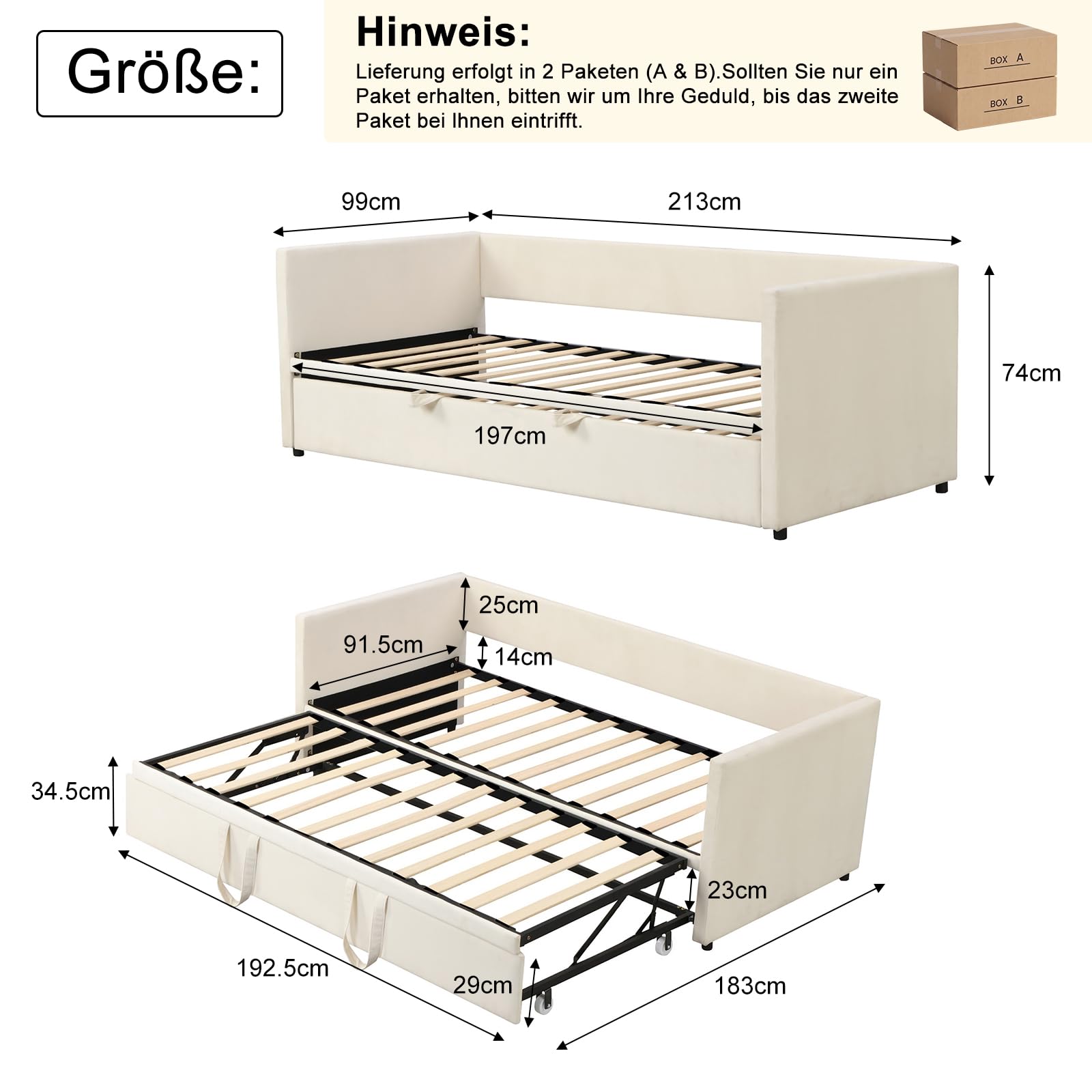 Cama de día extensible 90 x 200/180 x 200 – Sofá cama tapizada con cama plegable y somier de láminas, sofá cama doble de terciopelo beige, sin colchón