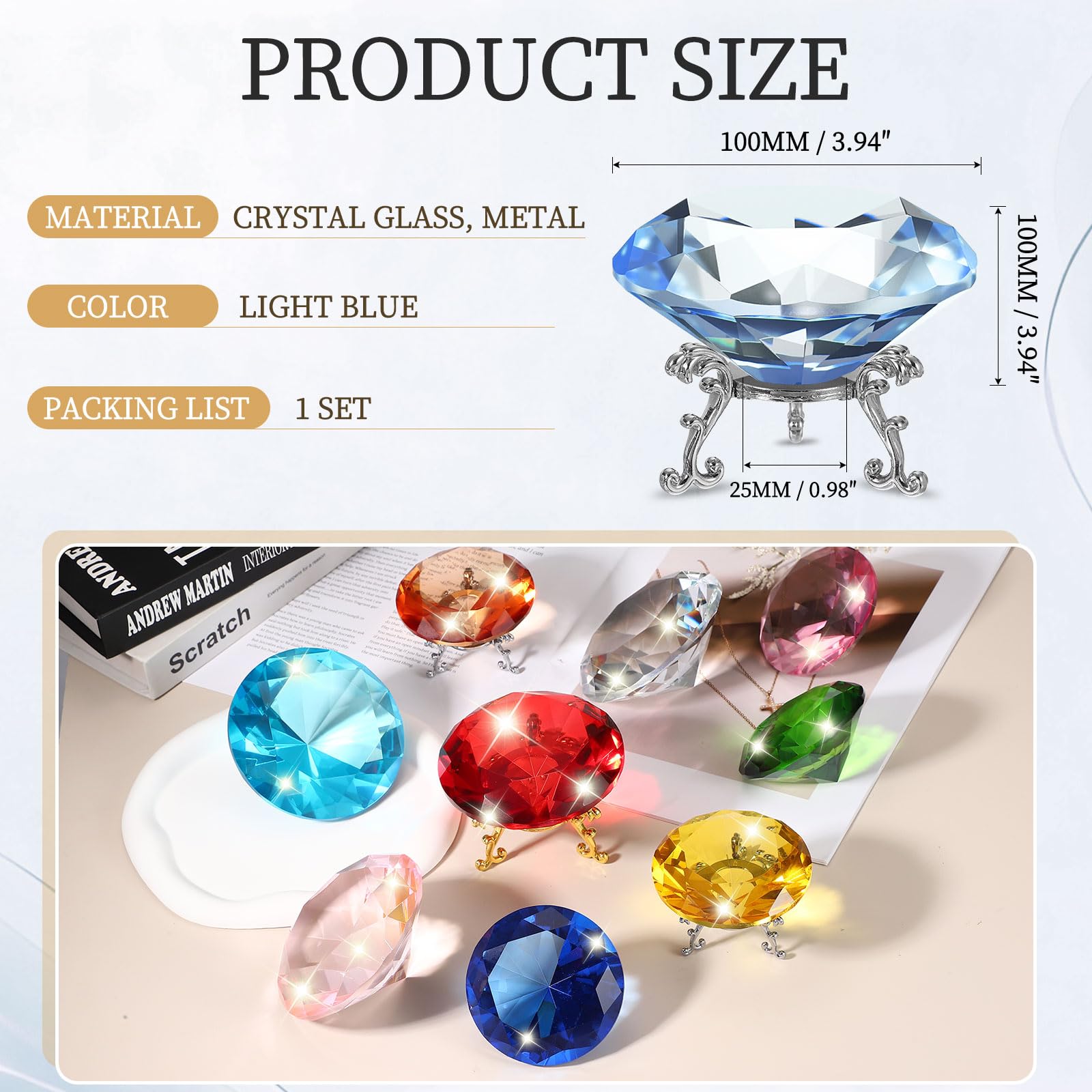 PATIKIL Diamond Crystal Paperweight, 100mm / 3.94" Crystal Paperweight Paper Weight with Silver 25 Metal Base for Home Office Desktop Table Decor Wedding Party Ornaments, Light Blue - Image 2
