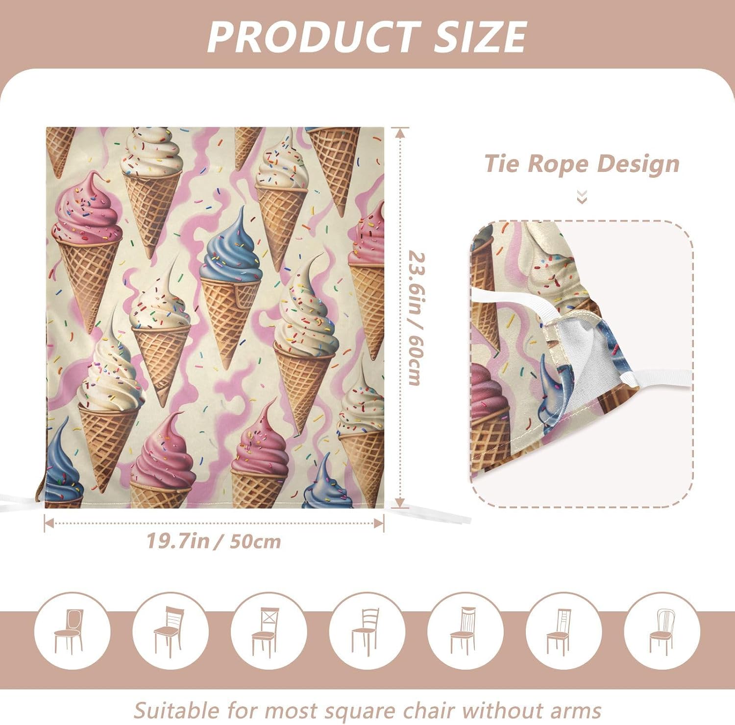 ALAZA Ice Cream on Geometric Background Chair Back Cover Set of 6, Washable Reusable Removable Chair Slipcovers Decorative Chair Cover for Home Kitchen Wedding Party