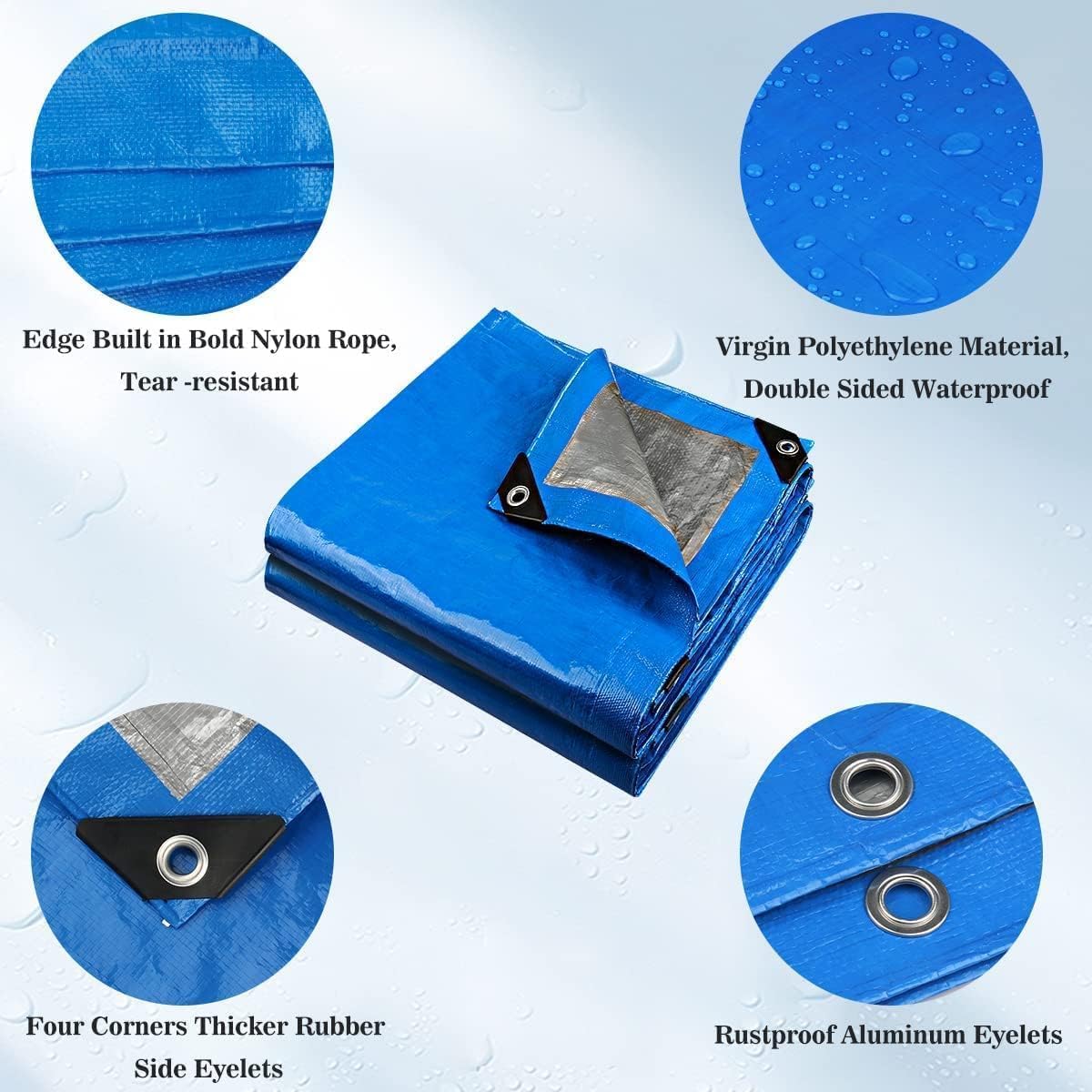 (Azul/Negro, 5x8 200g) Lona Impermeable Exterior - Reforzada - Argollas Antidesgarro - Toldo 100% Impermeable y 100% Protección UV - Cubretodo Múltiples Usos - 3 Capas Laminado Cruzado